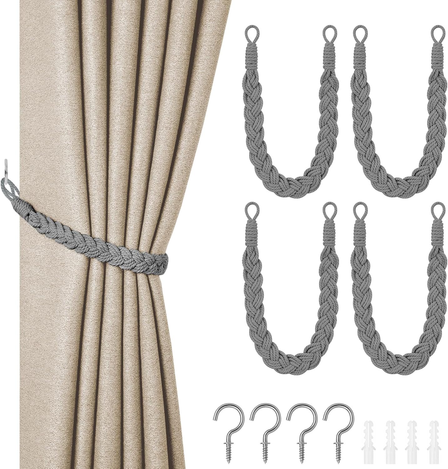 HOTUT Natural Cotton Rope Curtain Tiebacks, 4 PCS Curtain Tiebacks, Hand Knittin...