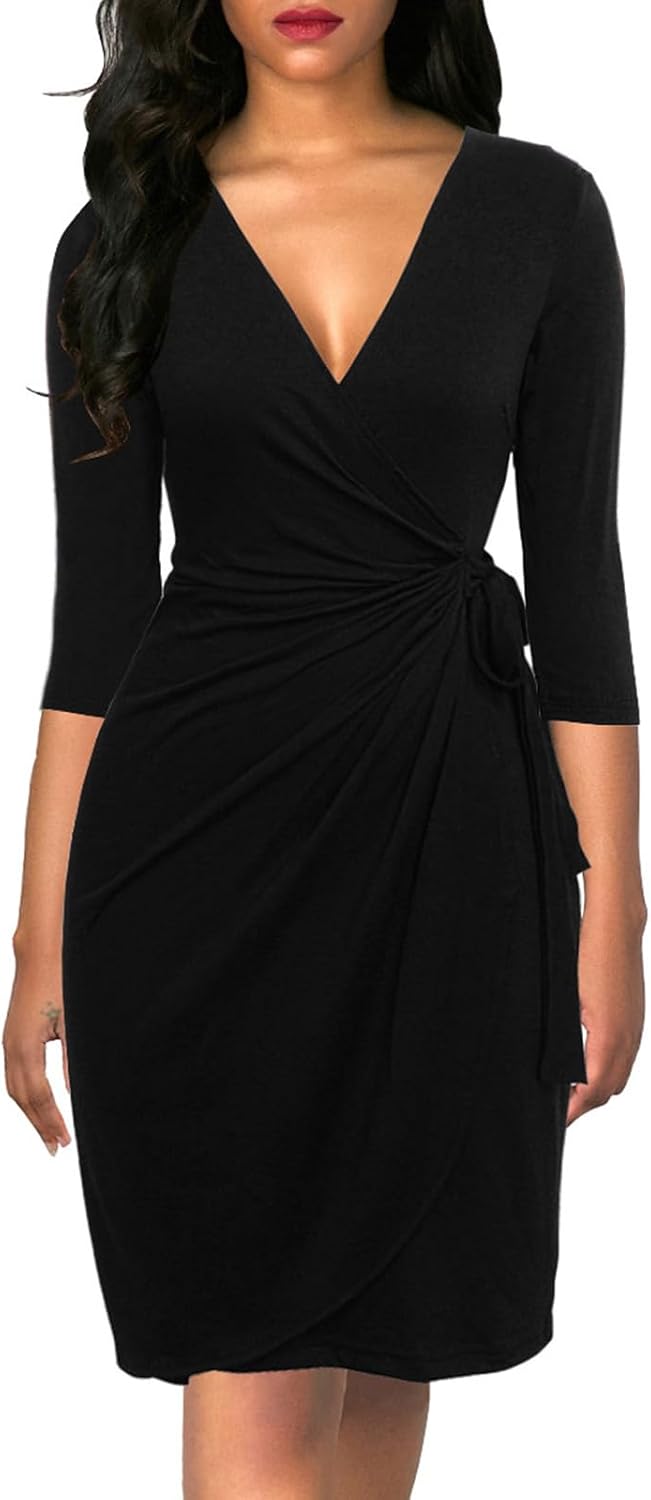 Berydress Women's Classic 3/4 Sleeve V Neck Sheath Casual Party Work Faux Black...