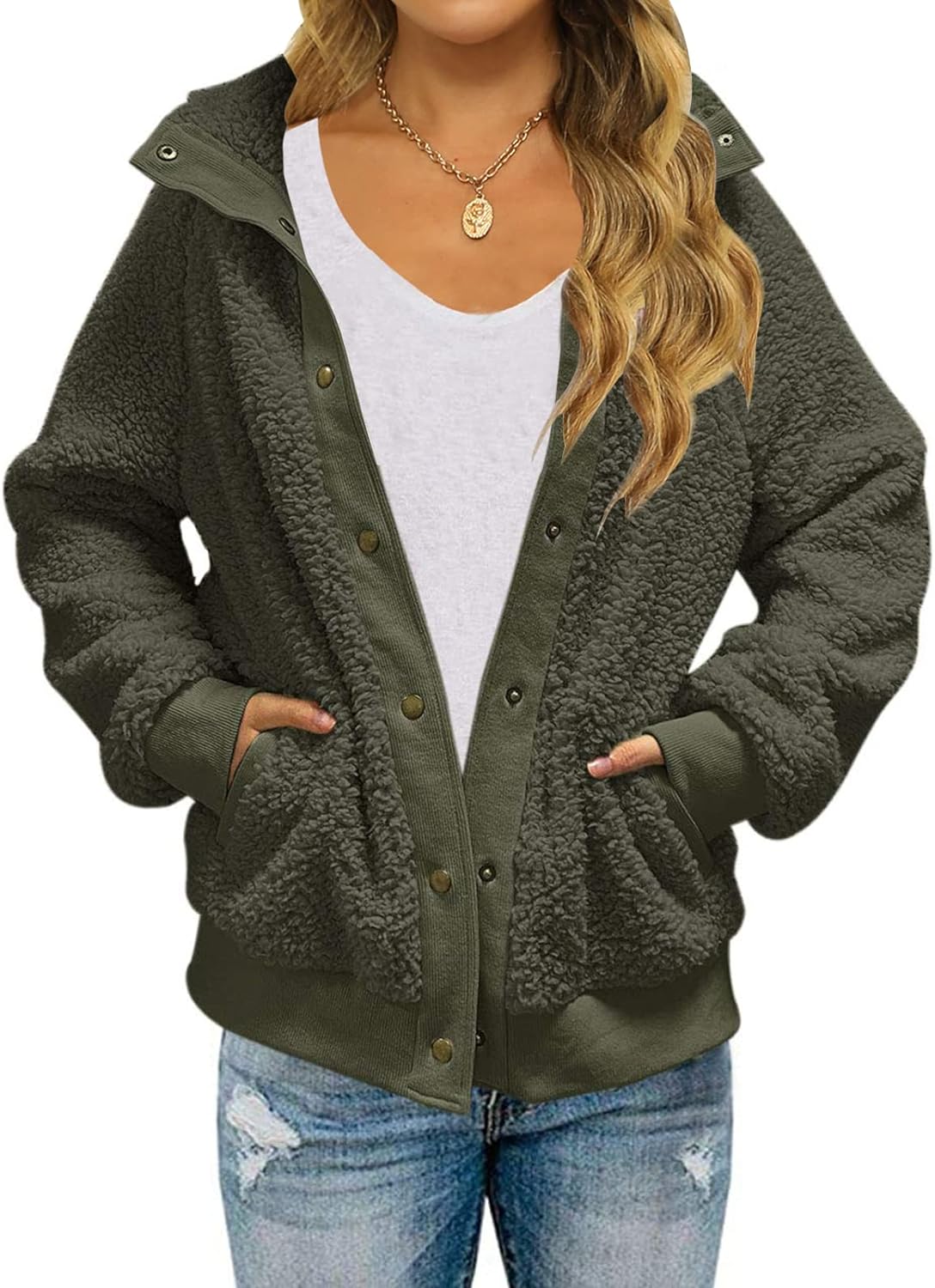 MEROKEETY Women's Sherpa Jacket, Special Long Sleeve Button Coat, Innovative Win...