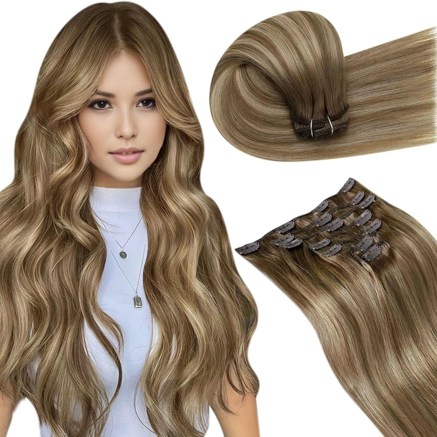 LaaVoo Clip in Hair Extensions Real Human Hair 20 Inch 7pcs 120g Light Brown and...