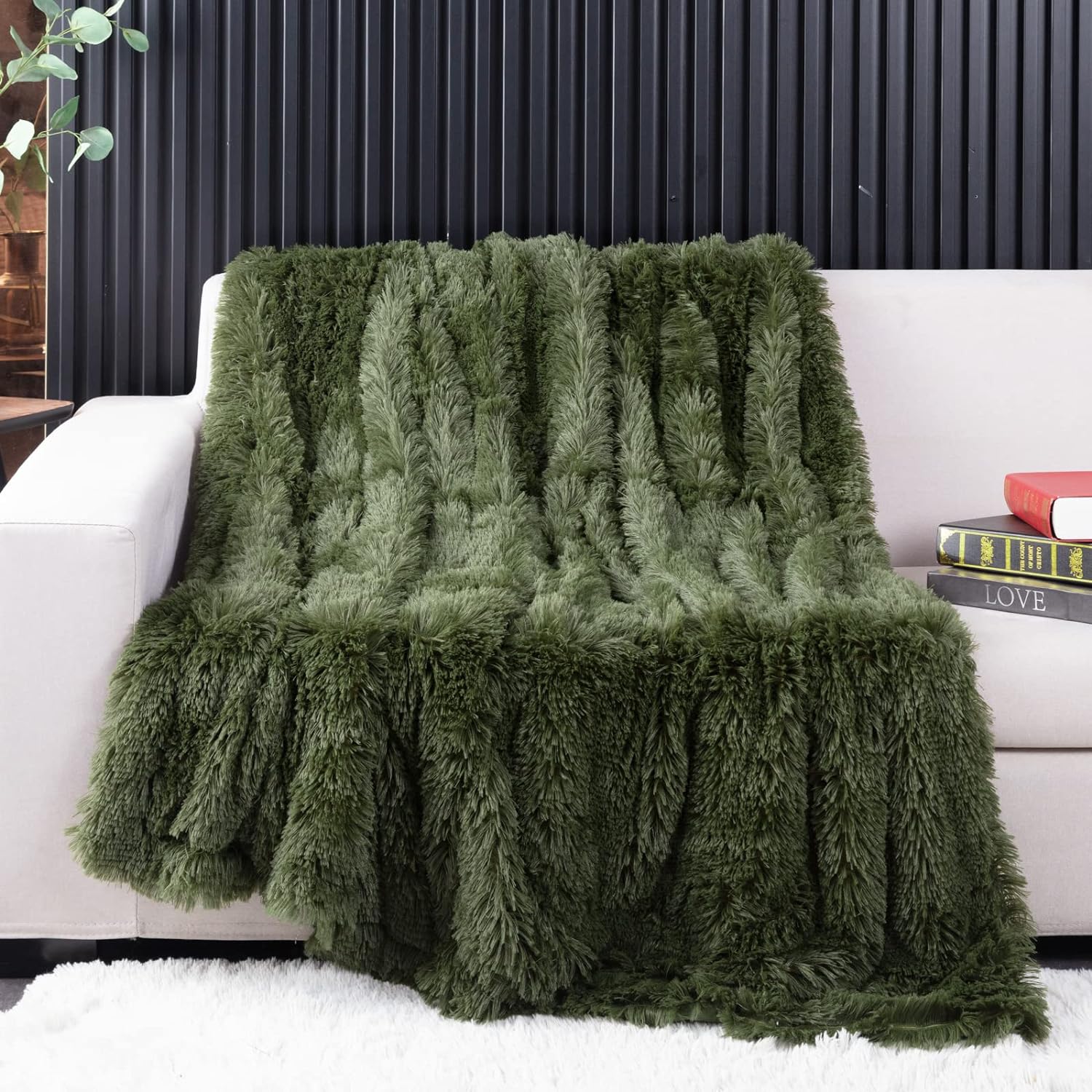 YUSOKI Olive Green Faux Fur Throw Blanket,2 Layers,50" x 60" Cozy Plush Fluffy B...