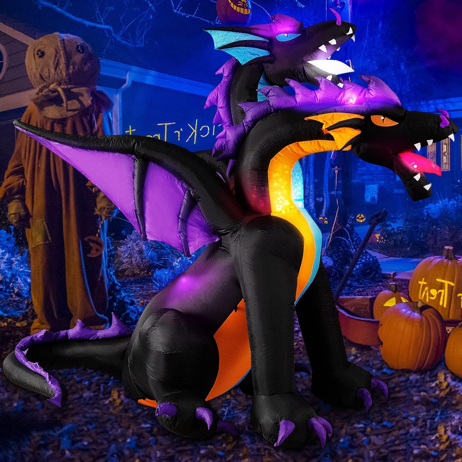 MICOCAH Halloween Inflatables 7 FT Giant Fire & Ice 2 Headed Dragon Outdoor Hall...