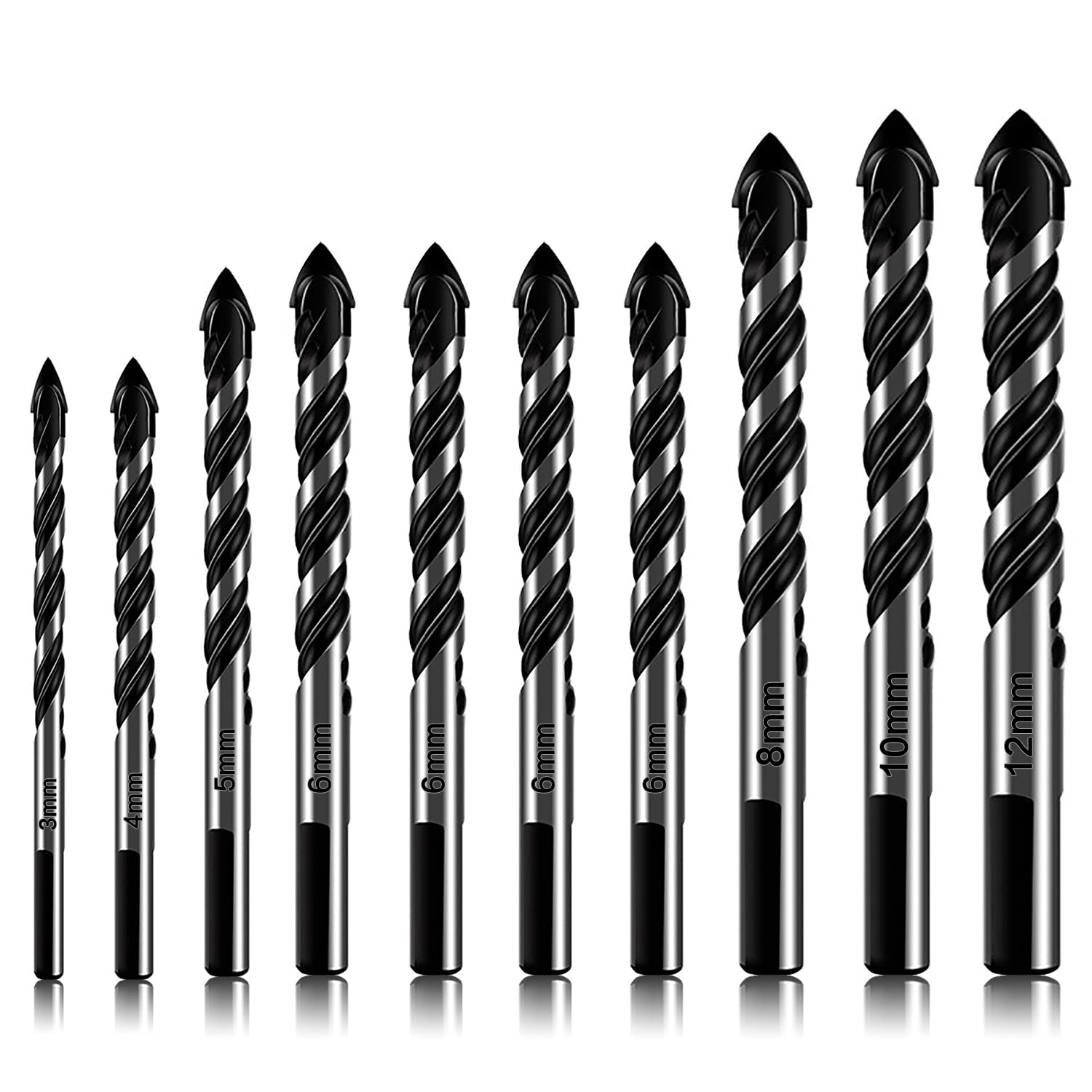 10 Piece Masonry Drill Bits Set for Tile Glass Ceramic Brick Wood, 3mm to 12mm D...