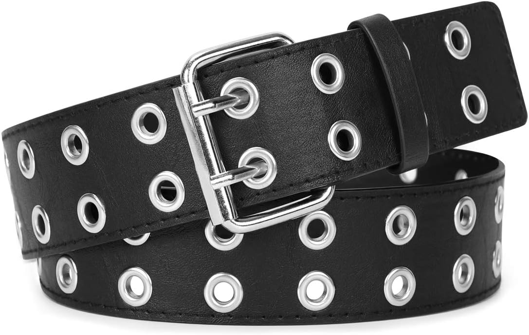 WERFORU Double Grommet Belt Women PU Leather Double Hole Eyelet Belt Punk Goth H...