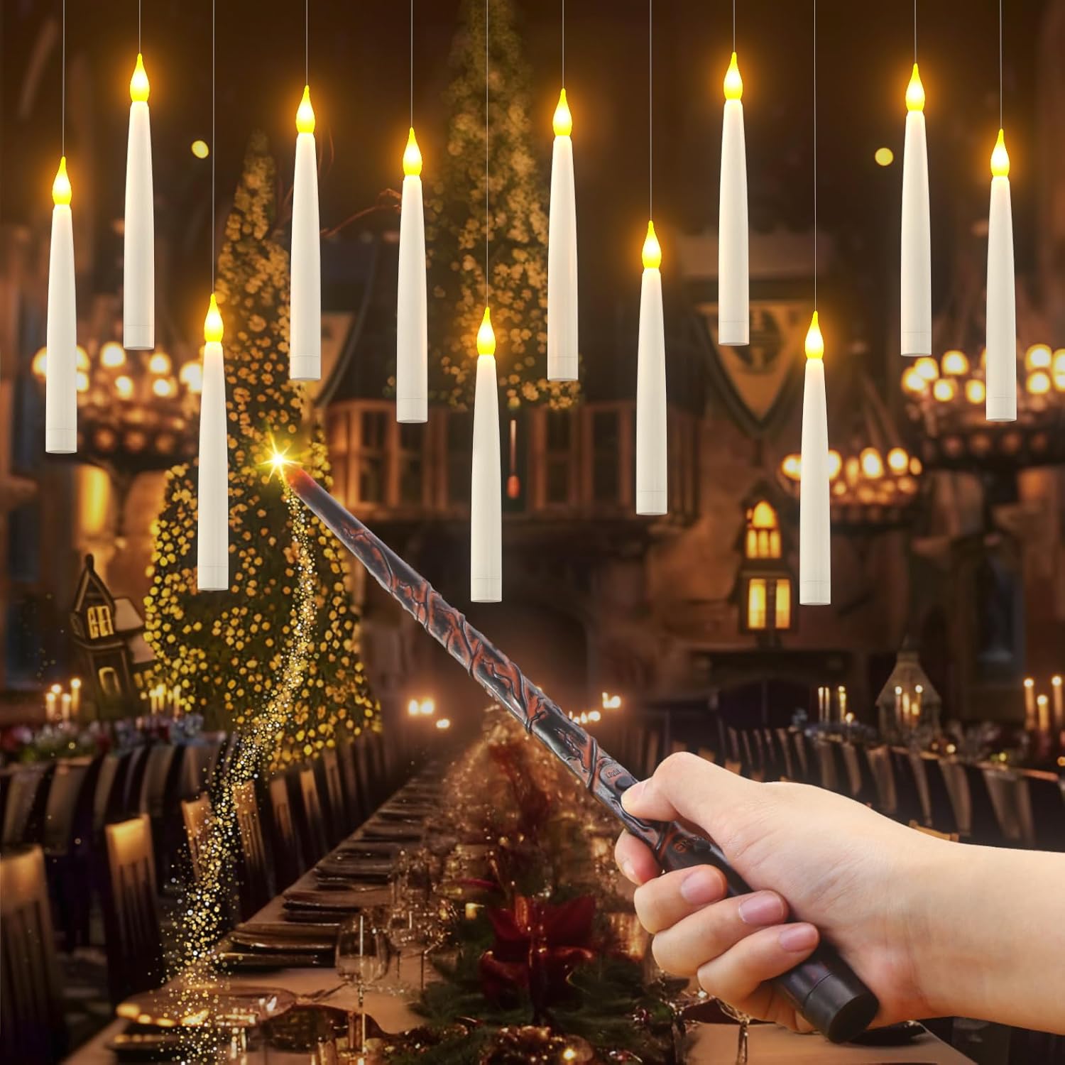 PChero Floating Candles with Wand, 12 Pack Battery Operated LED Flameless Tapere...
