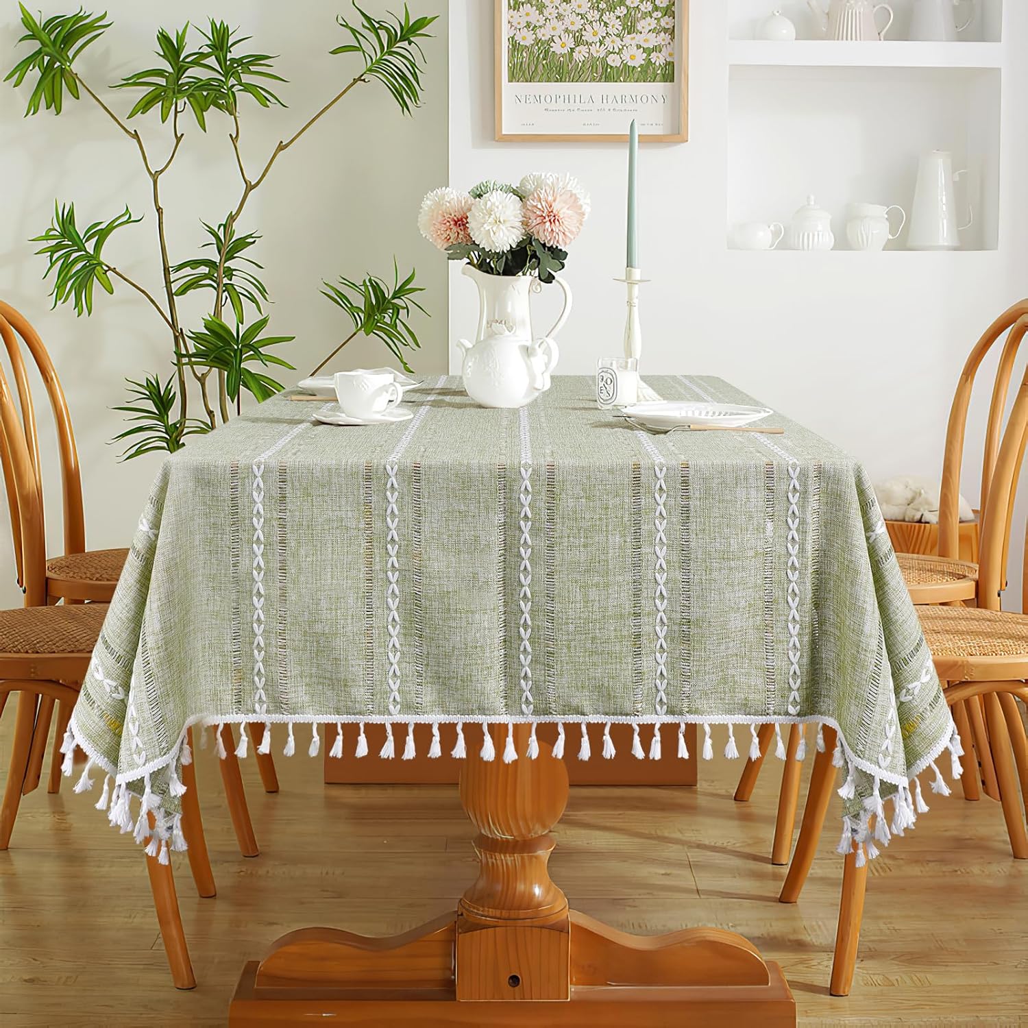 Dremisland Cotton Linen Tablecloth Rectangular Solid Color Stitching Tassel Larg...