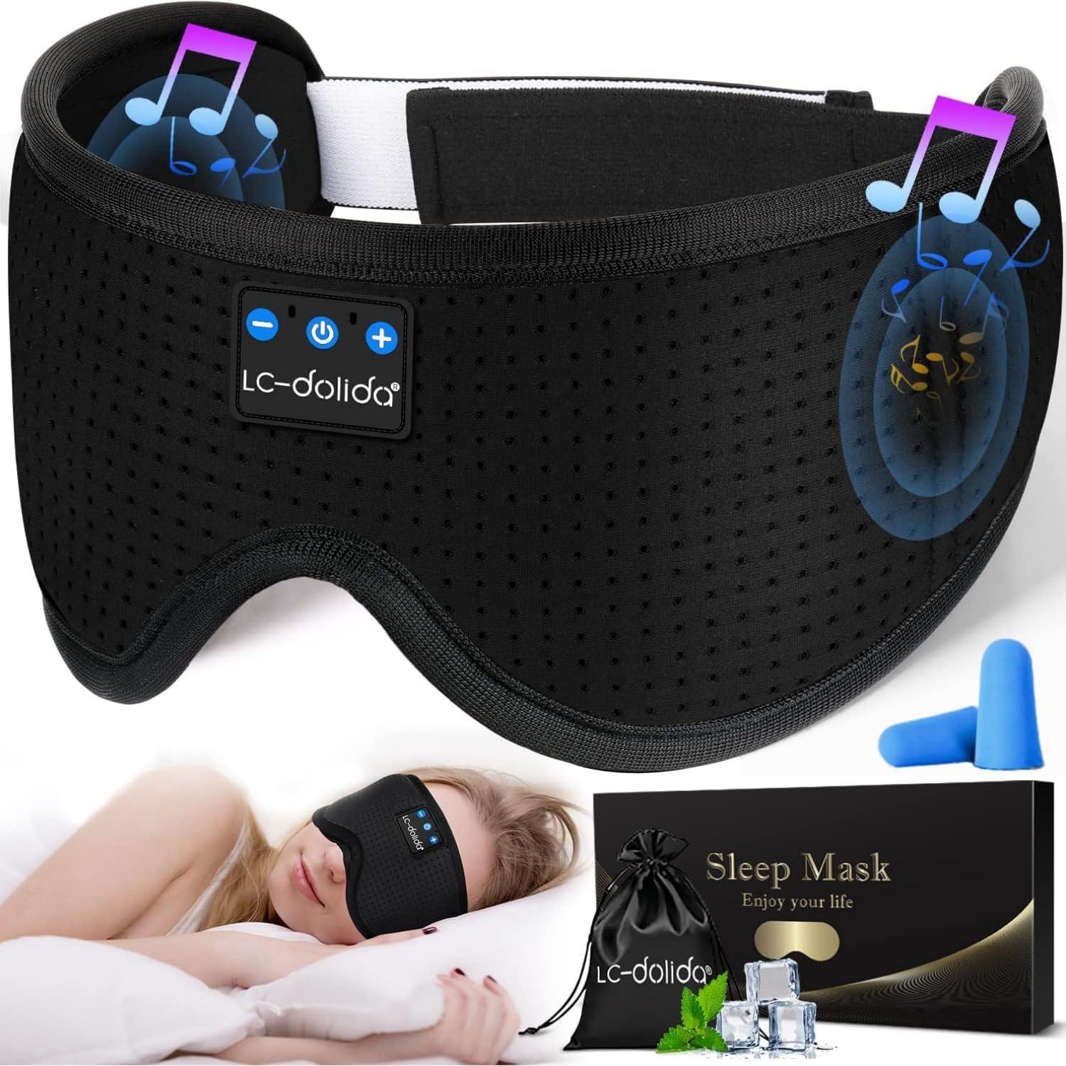 LC-dolida Bluetooth Sleep Mask Headphones Upgraded 200% Breathability Ice Silk E...