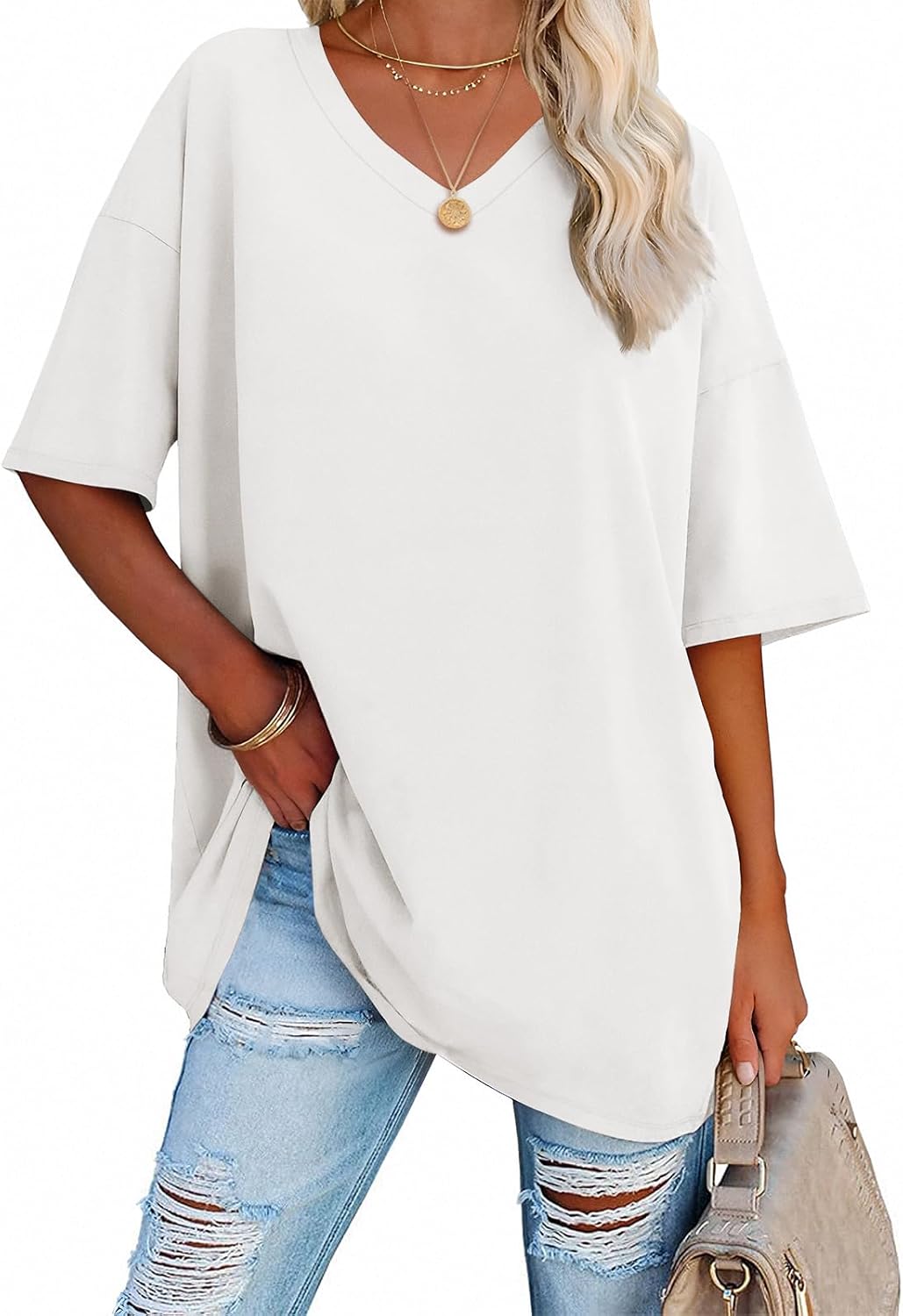 **Best ATHMILE Women's Oversized T-Shirts, Special V Neck Tees, Cozy Half Sleeve...