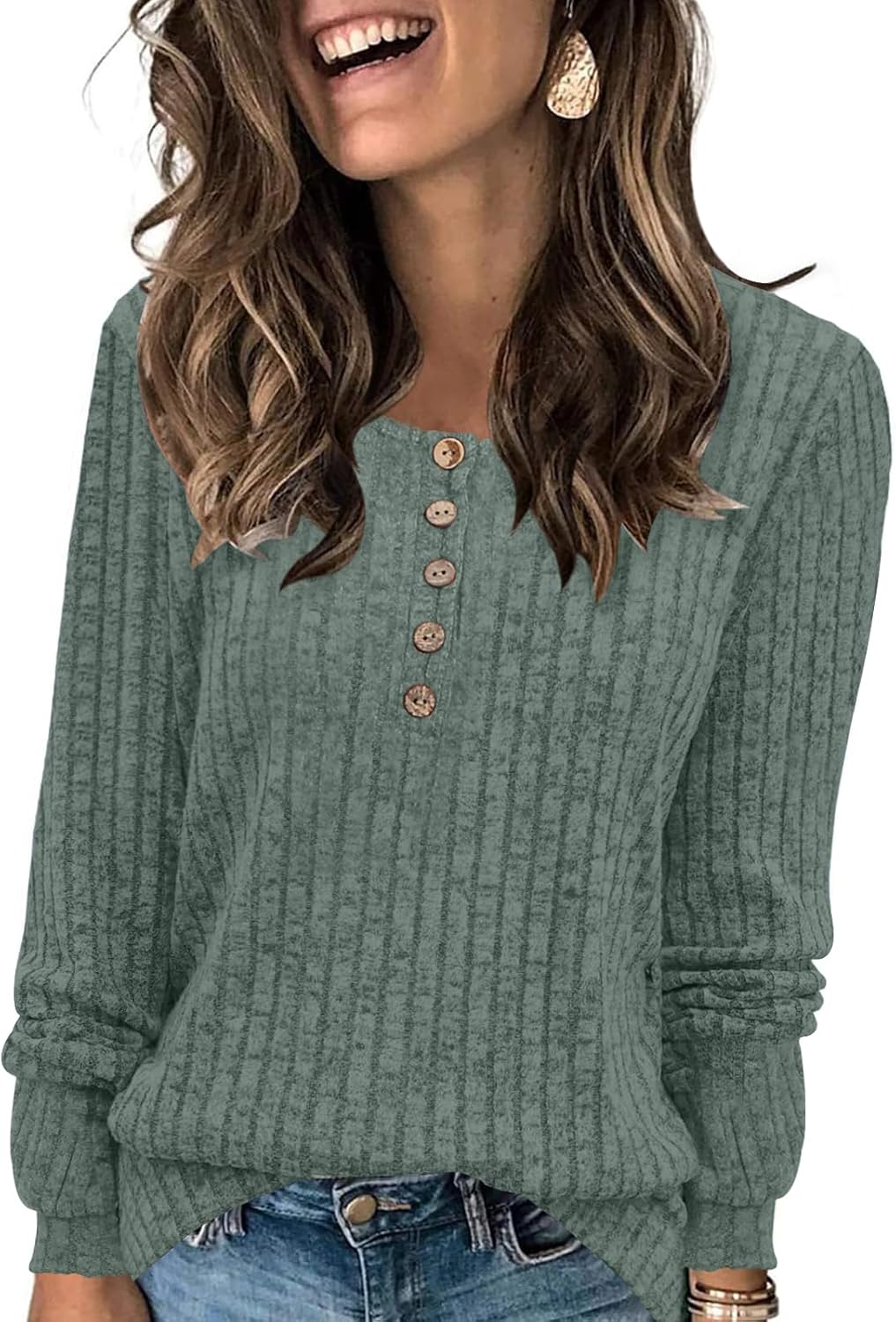 DB MOON Women's Lightweight Sweaters, Special Long Sleeve Henley Shirt for Fall,...