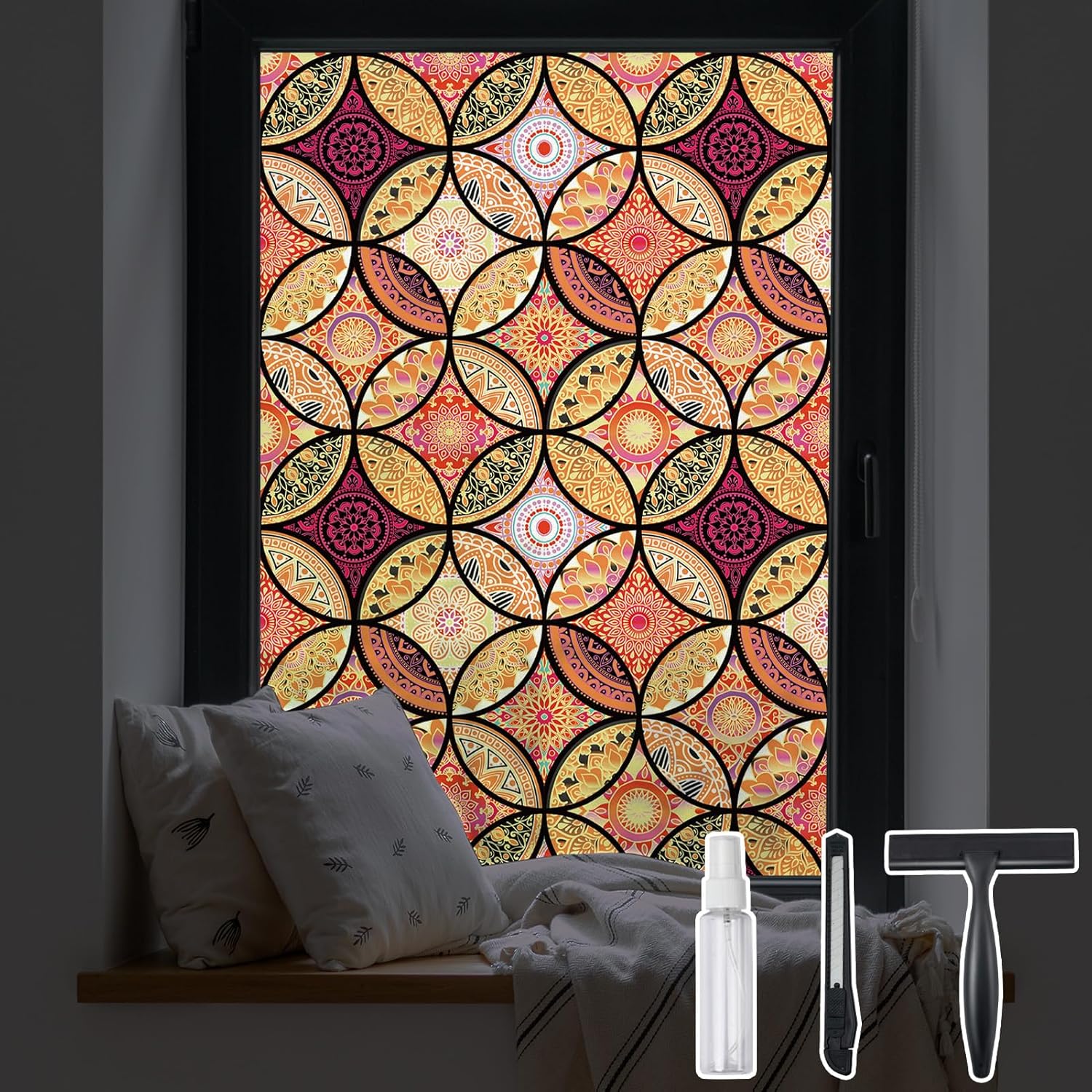 DKTIE Stained Glass Window Film, Unique Bohemian Style Privacy Protection, Innov...