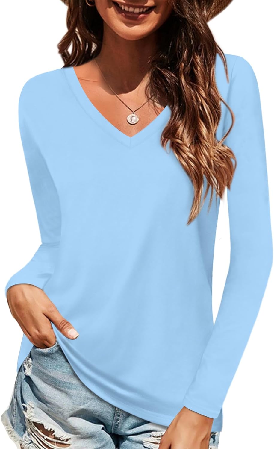Elesomo Women's Casual V Neck Tshirt Long Sleeve Tops Cotton Tee, Airy Blue XXL
