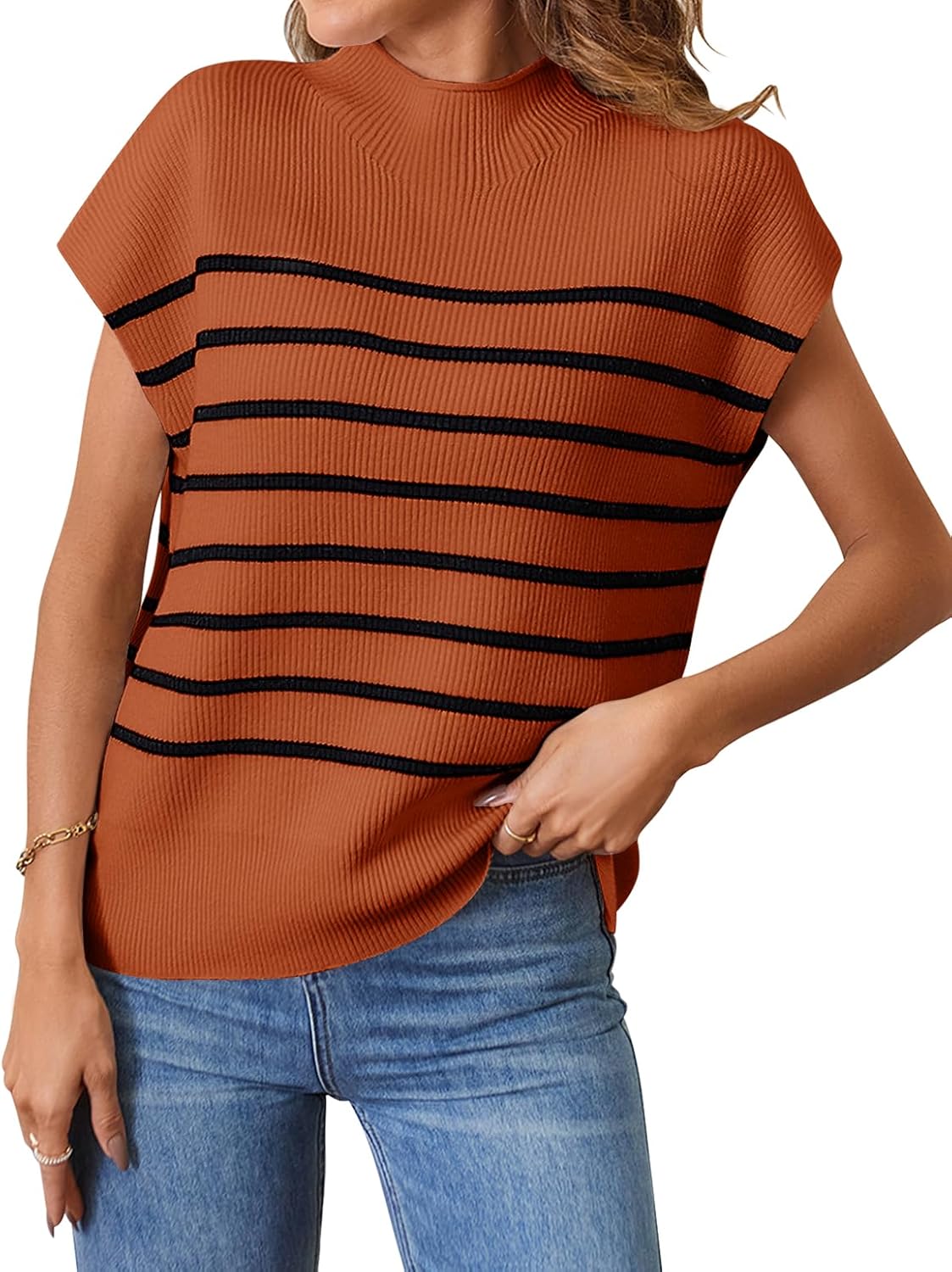 MEROKEETY Women's Top, Unique 2024 Sleeveless Mock Neck Striped Sweater Vest, Sp...