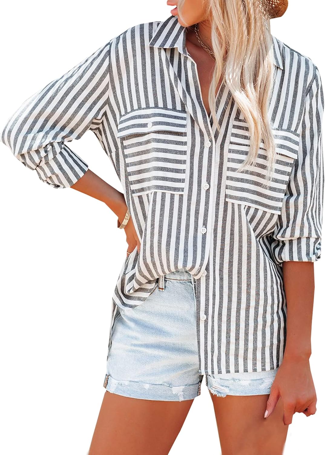 OMSJ Women's Striped Button Down Shirts Casual Long Sleeve Stylish V Neck Blouse...
