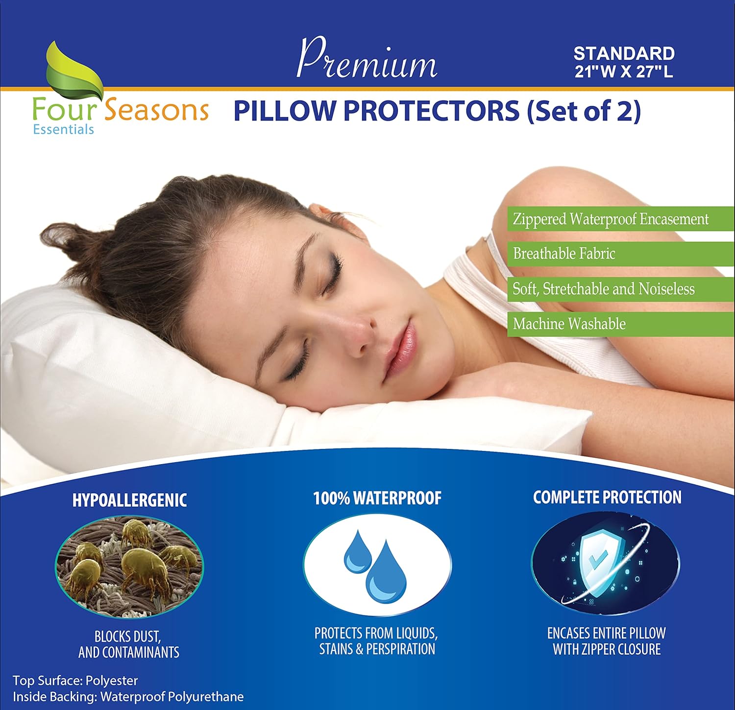 Standard Pillow Protectors (Set of 2) – Zippered Waterproof Pillow Covers Hypoal...