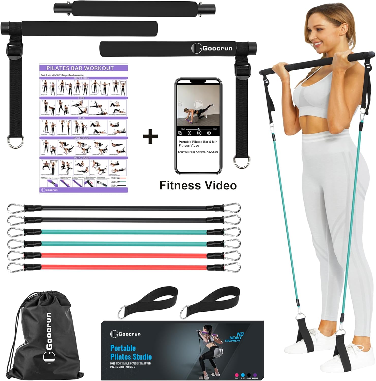 Portable Pilates Bar Kit with Resistance Bands for Men and Women - 3 Set Exercis...