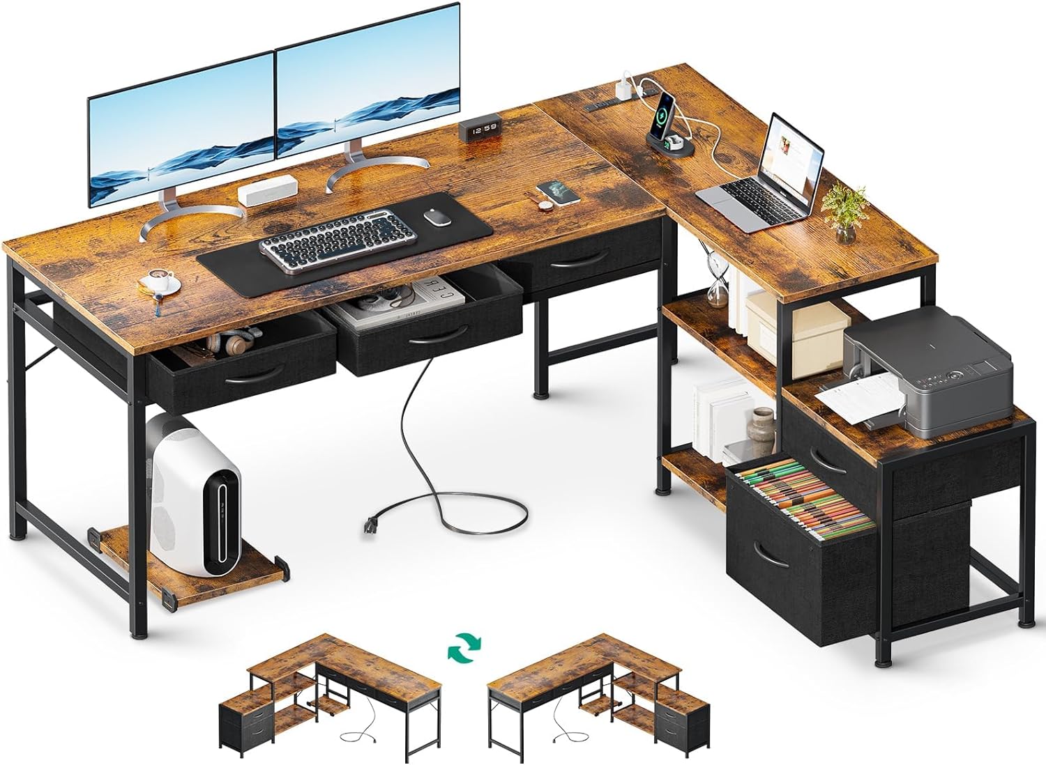 AODK L Shaped Computer Desk, Special Workstation Desk With Fabric Drawers and Fi...
