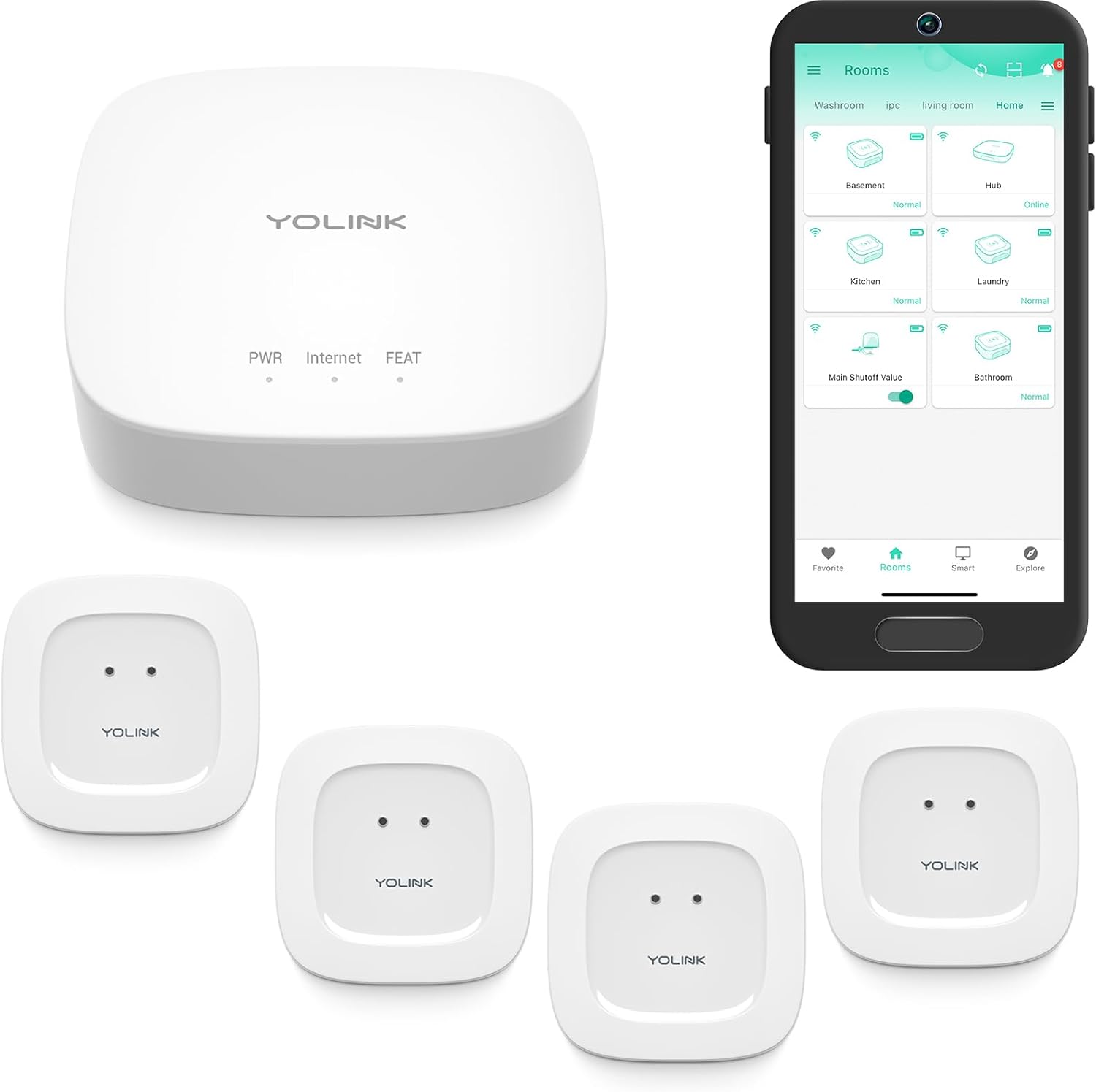 YoLink Smart Home Starter Kit: Hub & Water Leak Sensor 4-Pack, SMS/Text, Email &...