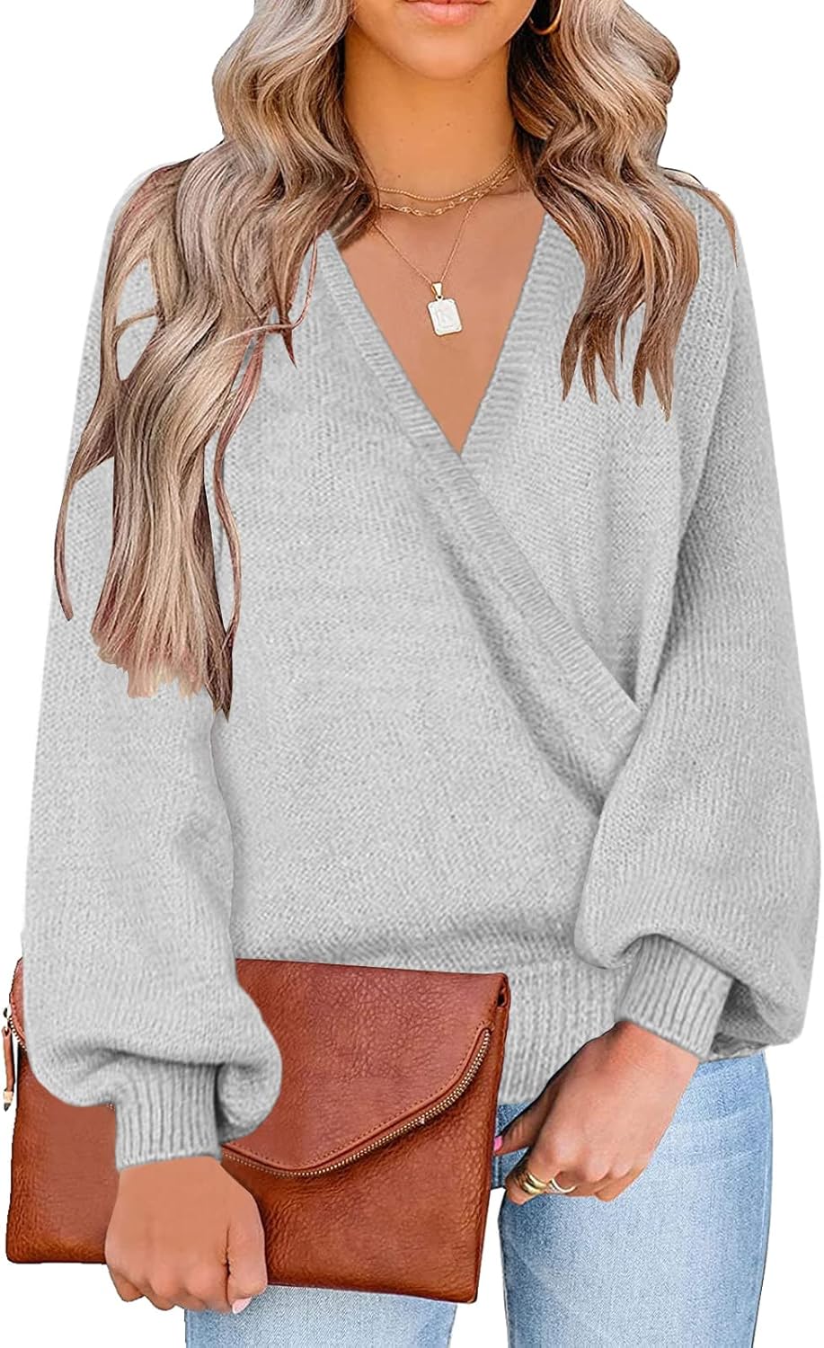 LookbookStore Women's Knit Sweater, Special Long Sleeve Faux Wrap Surplice V Nec...