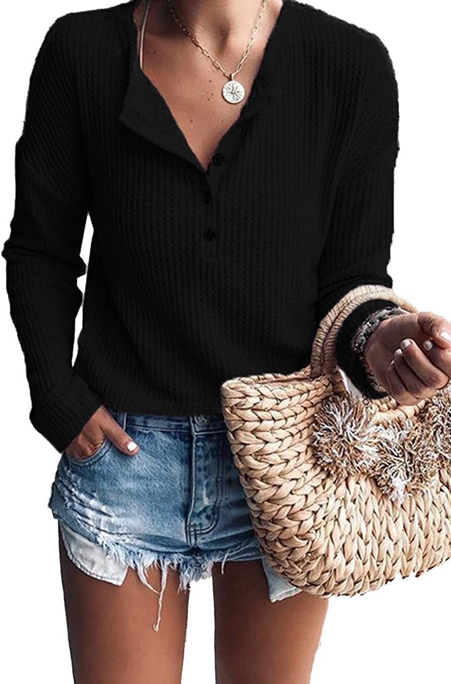 WNEEDU Women's Waffle Knit Tunic Tops, Special Loose Long Sleeve Button Up Shirt...