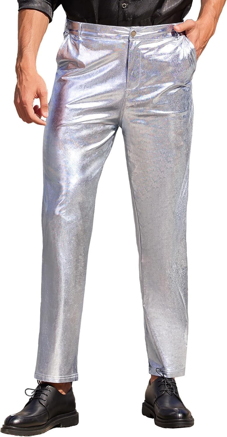 COOFANDY Mens Metallic Shiny Pants Halloween Pants 70s 80s 90s Disco Party Dance...