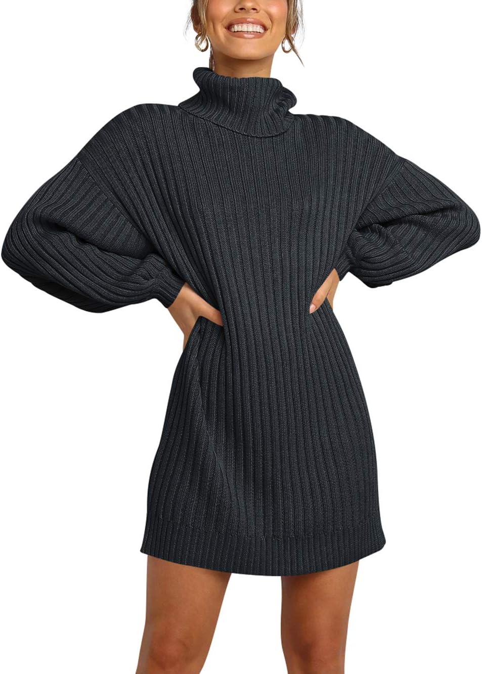 ANRABESS Women Oversized Sweater Dress, Special Turtleneck Sweater Dress with Ba...
