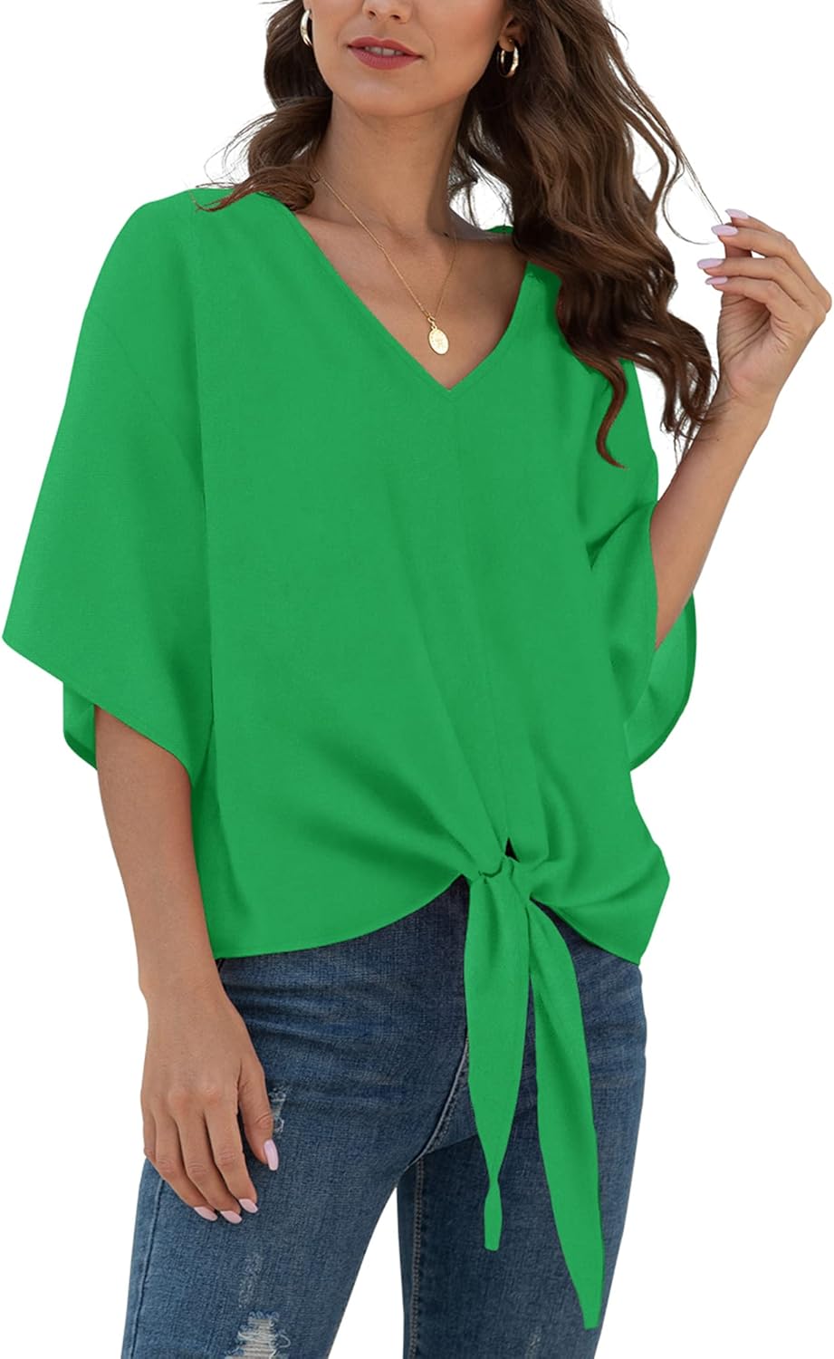 VIISHOW Womens Blouses, Special Chiffon Tie Front Tops, Innovative V Neck Batwin...