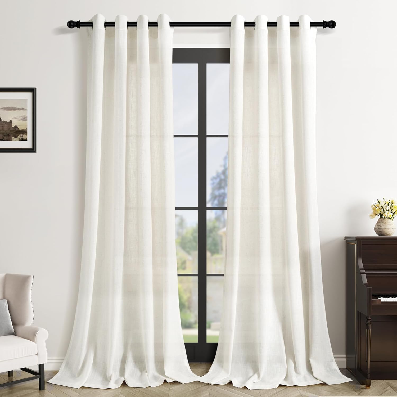 Ivory Linen Curtains, Special 96 Inches Long Drapes with 2 Panel Set for Living...