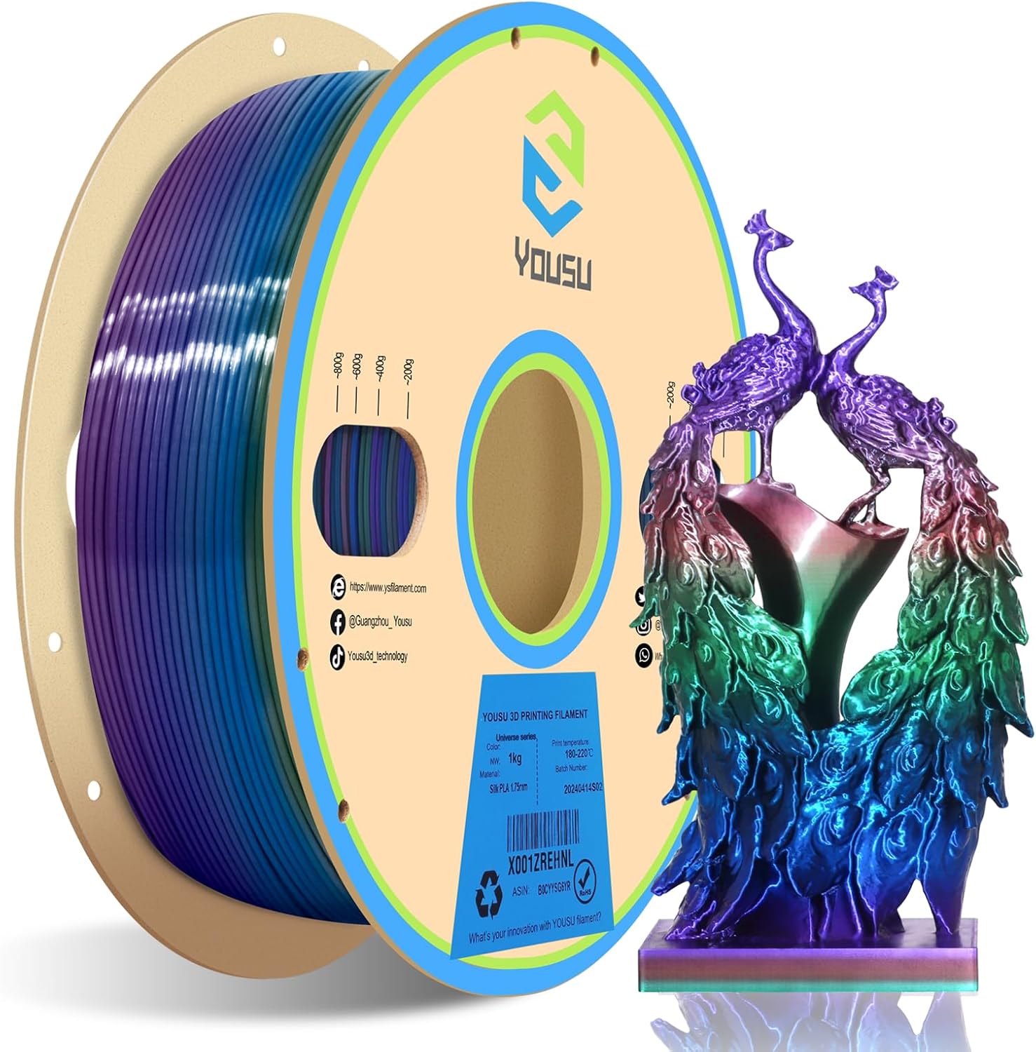 YOUSU Rainbow PLA Filament 1.75mm,Fast Color Changing Silk Rainbow PLA 3D Printe...