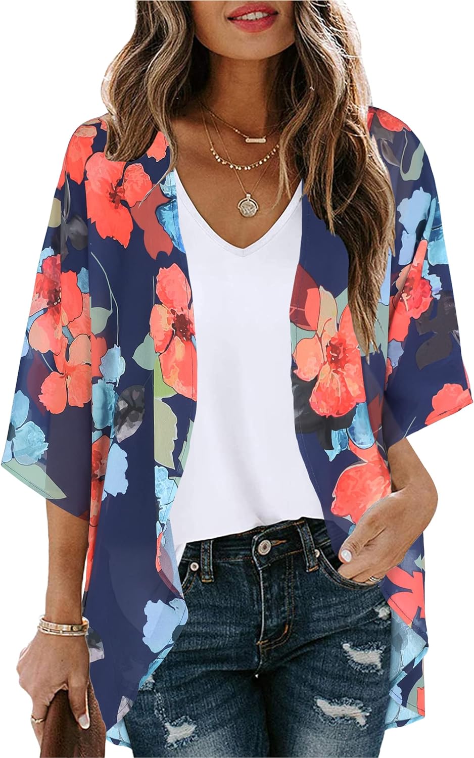 Women's Floral Print Kimono, Special Puff Sleeve Cardigan Blouse, Unique Loose C...
