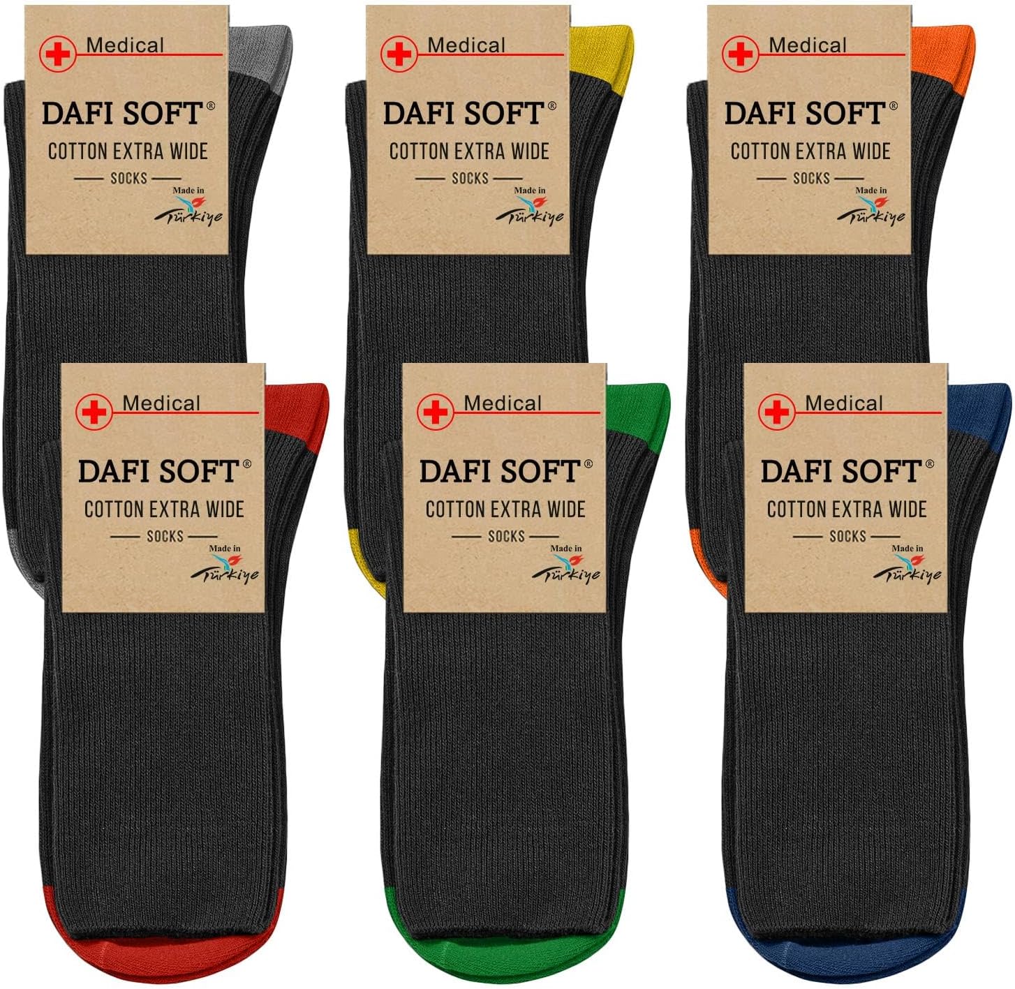 Dafi soft 6 Pairs Diabetic Extra Wide Socks, Cotton, Made in Turkey 12-14 Multic...