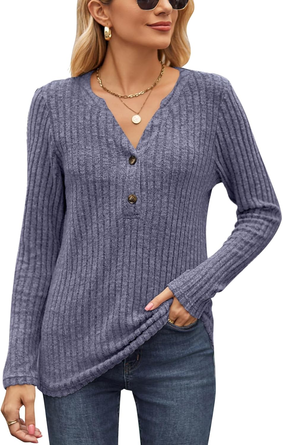 Akiooue Womens Long Sleeve Tops Casual V Neck Jumpers Ladies Solid Lightwight Kn...
