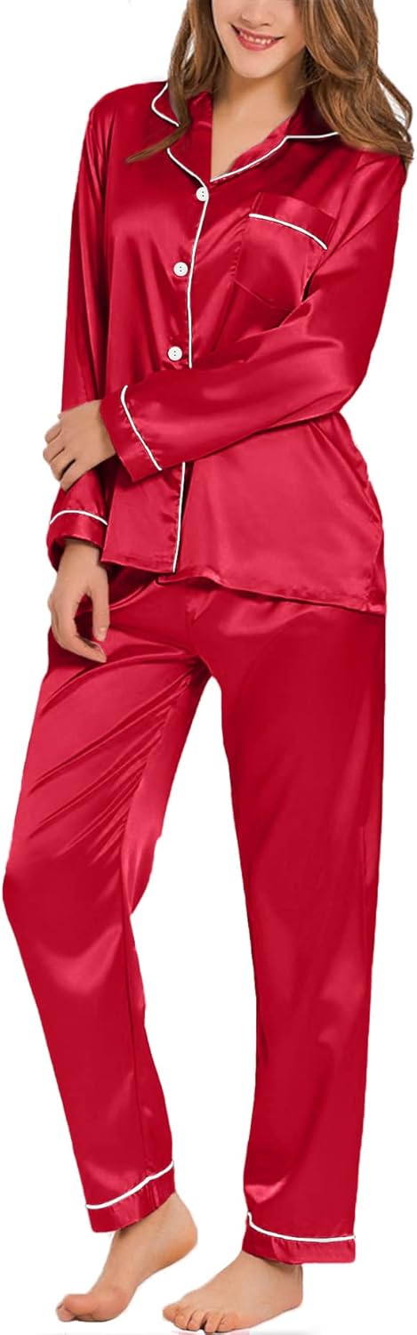 Best SWOMOG Women's Pyjama Set, Special Silk Satin Long Sleeve Button Down Pyjam...
