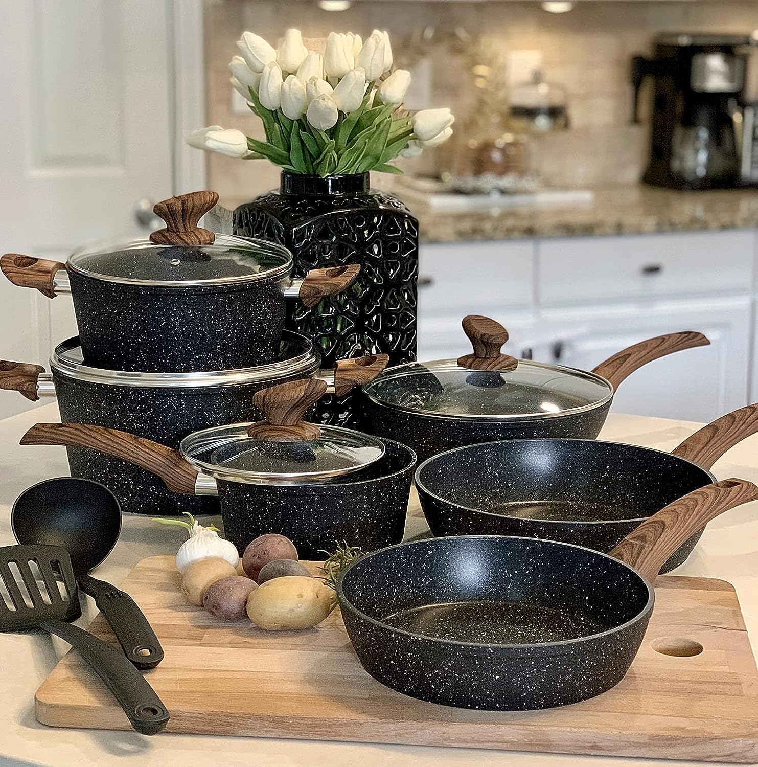 Kitchen Academy Induction Hob Pans Set - 12 Pieces Black Granite Kitchen Cookwar...