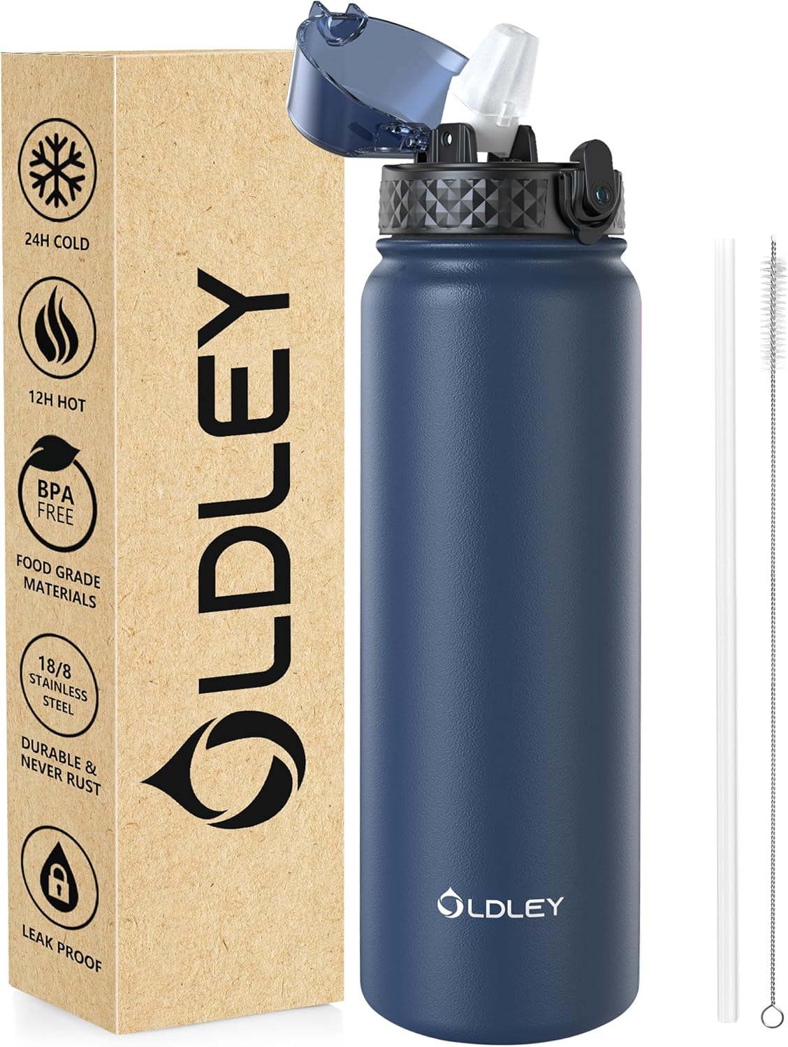 OLDLEY Stainless Steel Water Bottle with Straw 1L Vaccum Insulated Large Drink F...