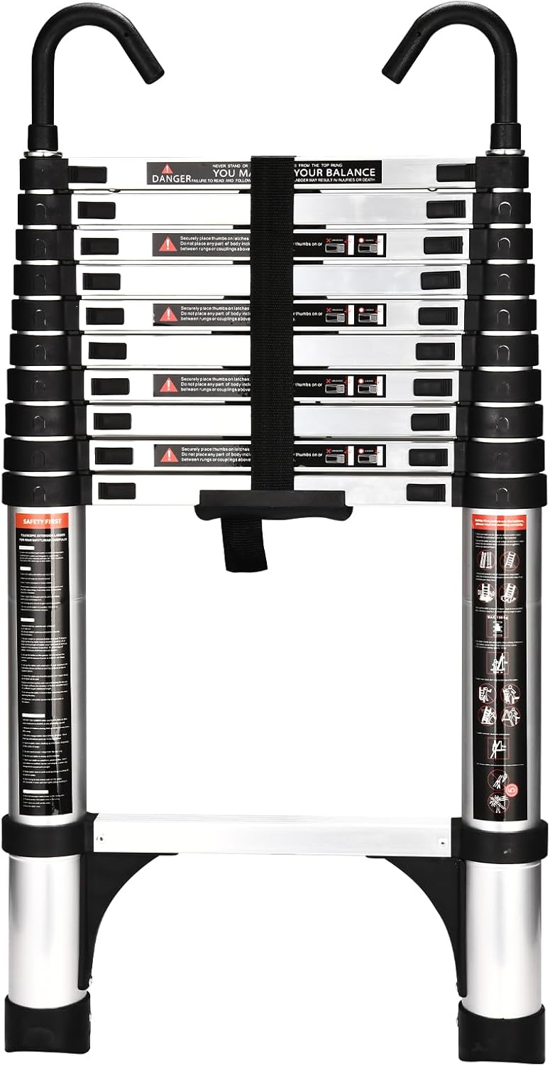 HBTower Telescopic Ladder with Non-Slip Feet and Hooks, 3.2M/10.5FT Thickened Hi...