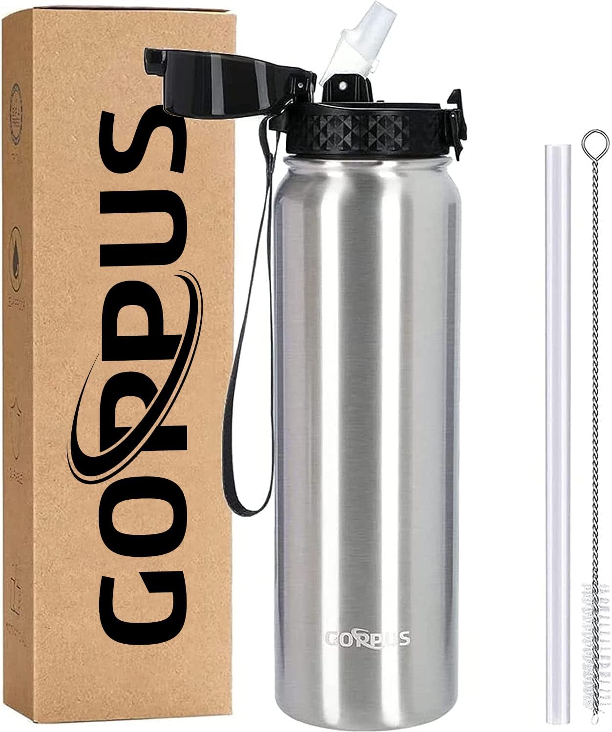 GOPPUS 1L/32oz Stainless Water Bottle, Special Reusable Water Bottle with Straw,...