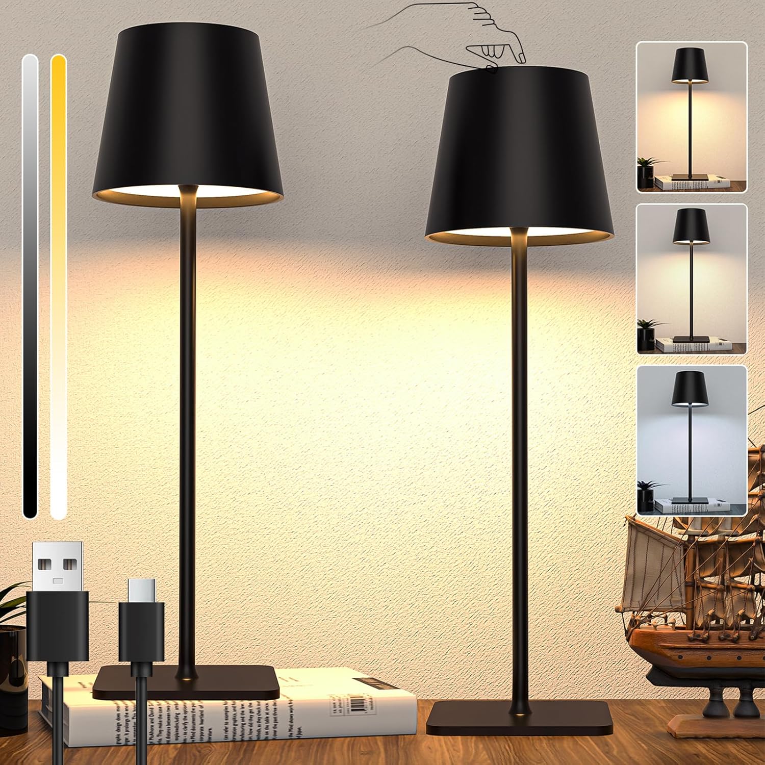 Liyabber 2 Pack Cordless Table Lamp,Portable LED Desk Lamp, 5600mAh Battery Oper...