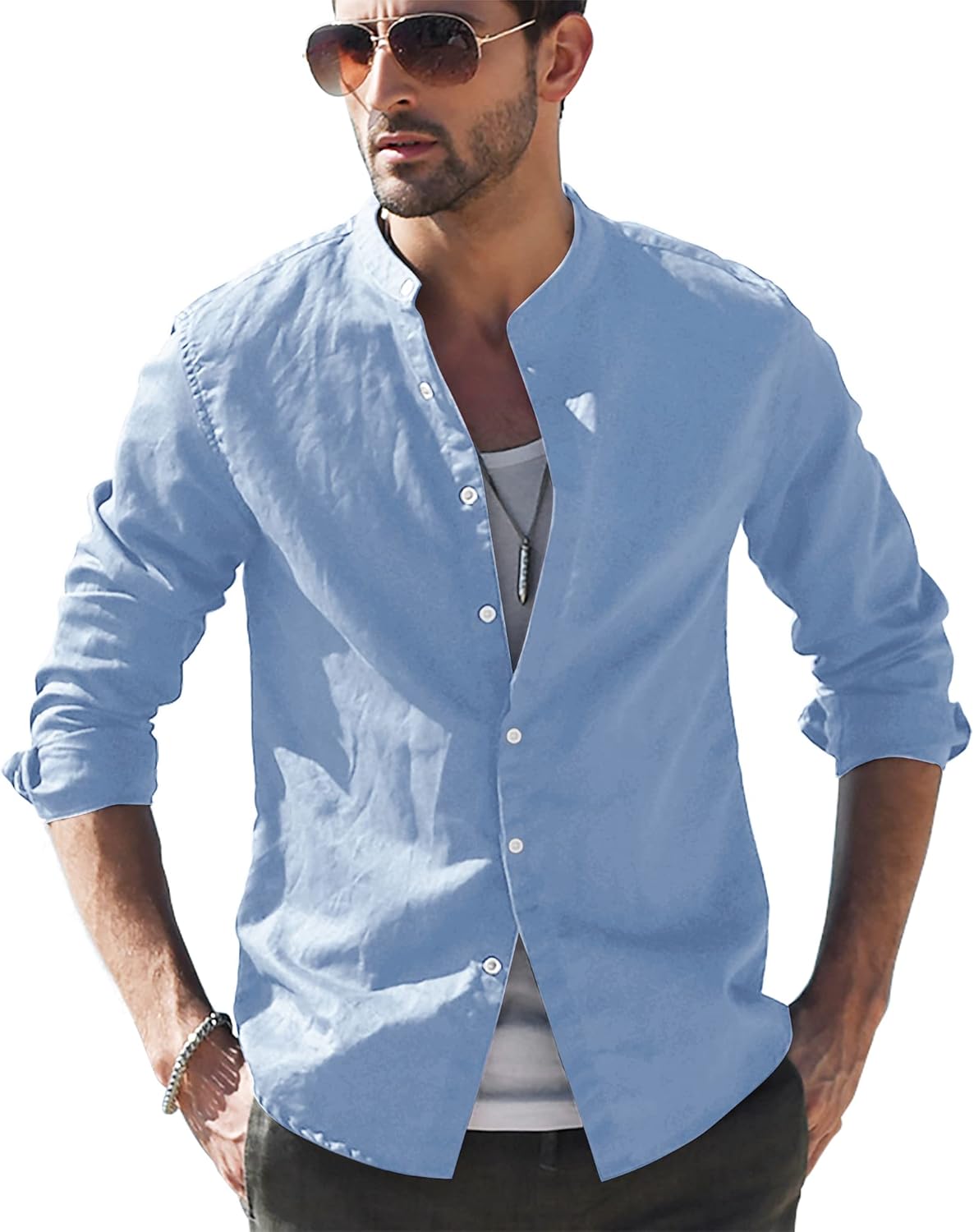 LVCBL Mens Casual Cotton Shirt, Special Long Sleeve Band Collar Henley Shirt, In...