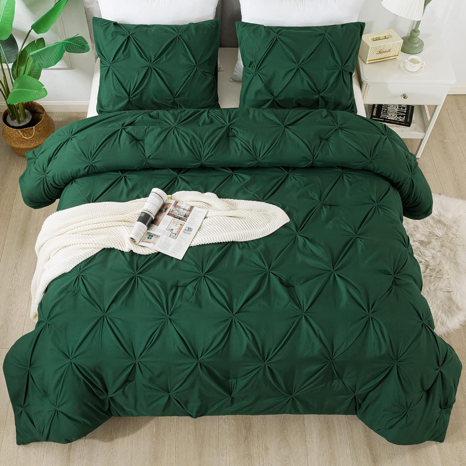 Andency Dark Green Pinch Pleated Comforter Queen(90x90Inch), 3 Pieces(1 Pintuck...