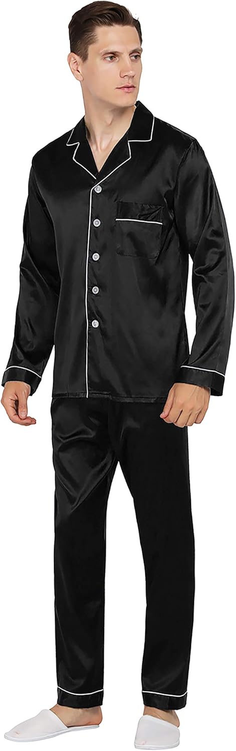YIMANIE Mens Satin Pajamas Set Classic Short Sleeved and Long Pants Sleepwear Lo...