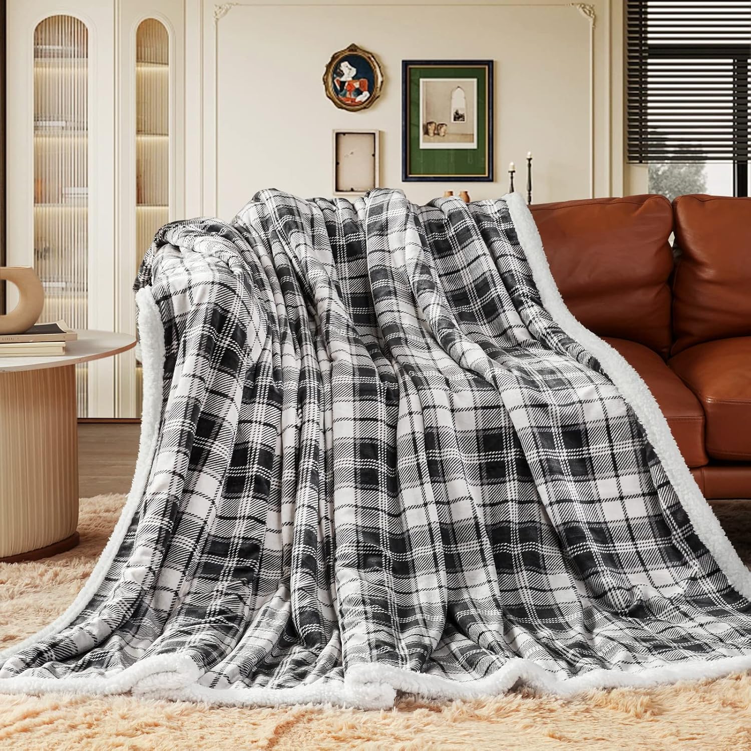 inhand Sherpa Throw Blanket, Special Plush Grey Checkered Cozy Throw, Innovative...