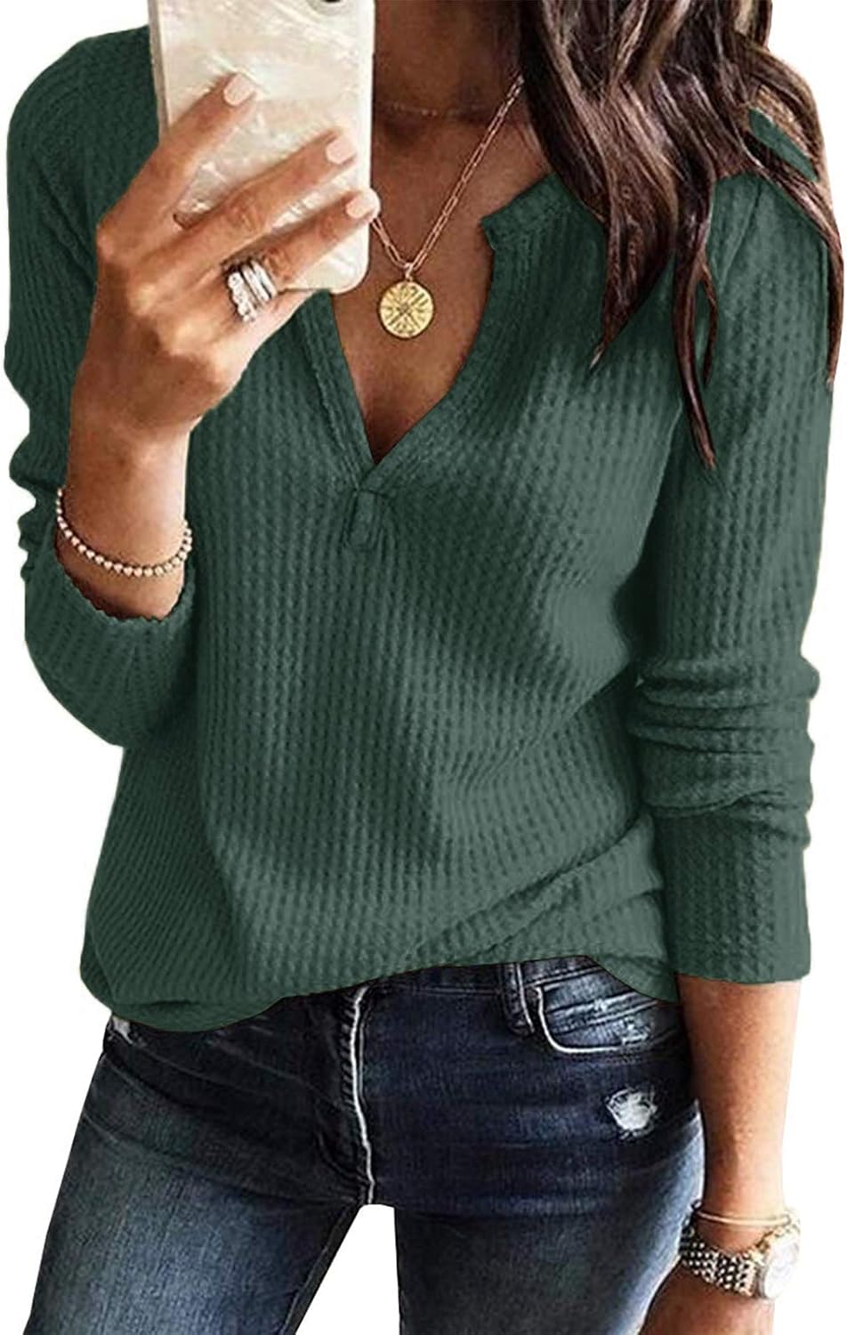 Women's V Neck Waffle Knit Henley Tops Casual Long Sleeve Pullover Sweater Blous...