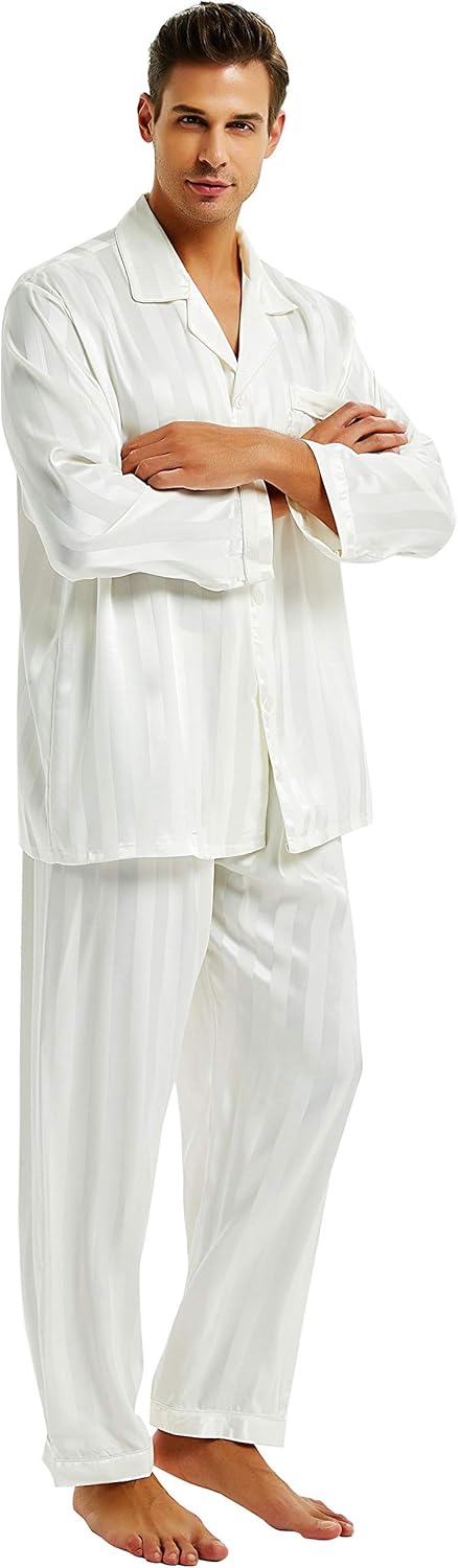 Lonxu Pajamas Set Mens Silk Satin Pajamas Long Sleeve Loungewear Two-Piece Sleep...