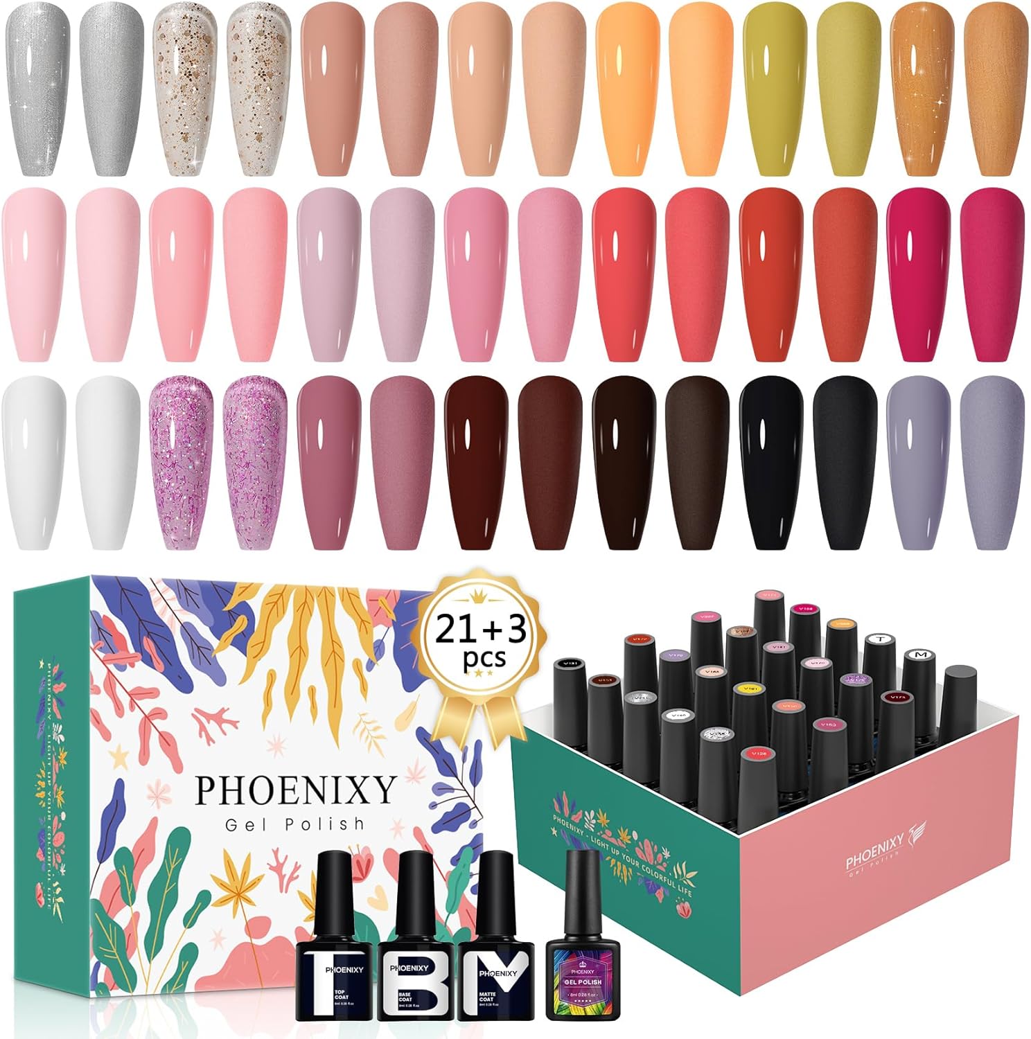 Phoenixy 24 Pcs Autumn Winter Gel Nail Polish Set, White Orange Pink Red Brown G...