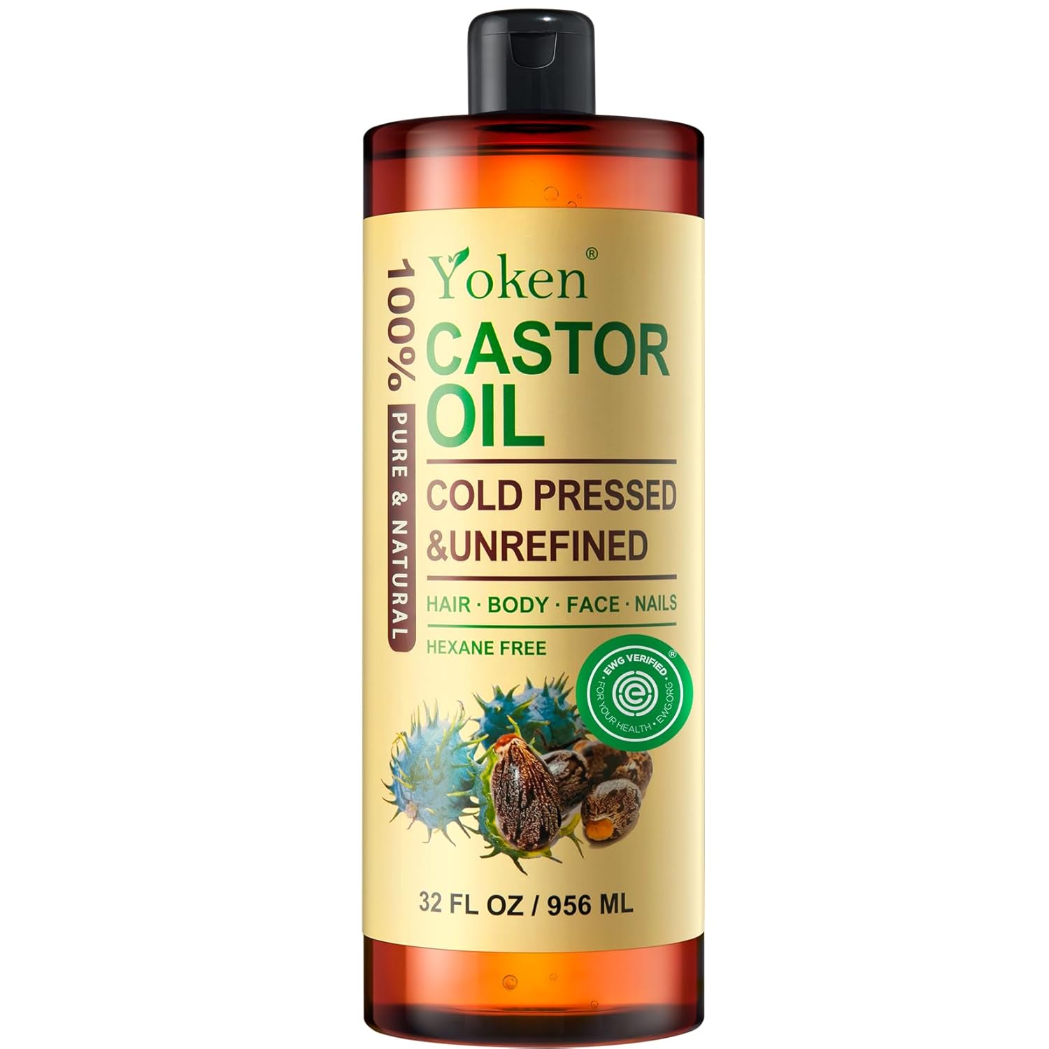 Yoken Pure Castor Oil 32 fl oz EWG Verified 100% Natural Castor oil Cold Pressed...