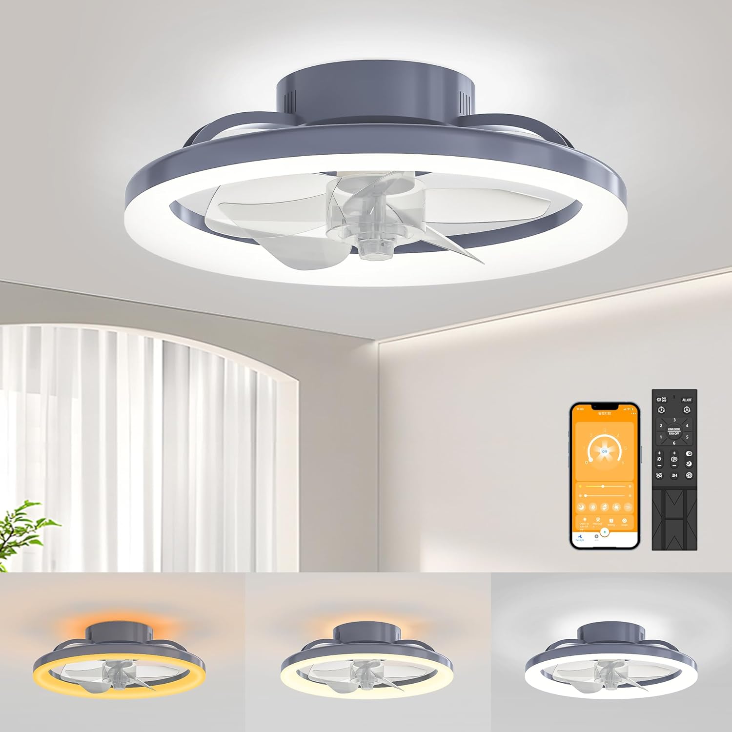 Grey Ceiling Fans with Lights: 16 inch Bladeless Modern Ceiling Fans with Lights...