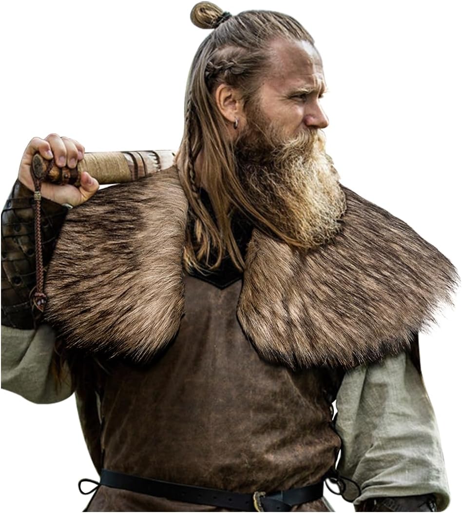 L'VOW Men Viking Fur Shawl Medieval Faux Fur Mantle Shoulder Wrap Collar Warrior...