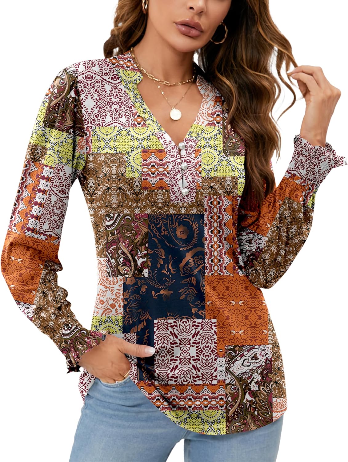Rapbin Womens V Neck Puff Long Sleeve Button Down Tunic Blouses Fall Tops 2024 R...