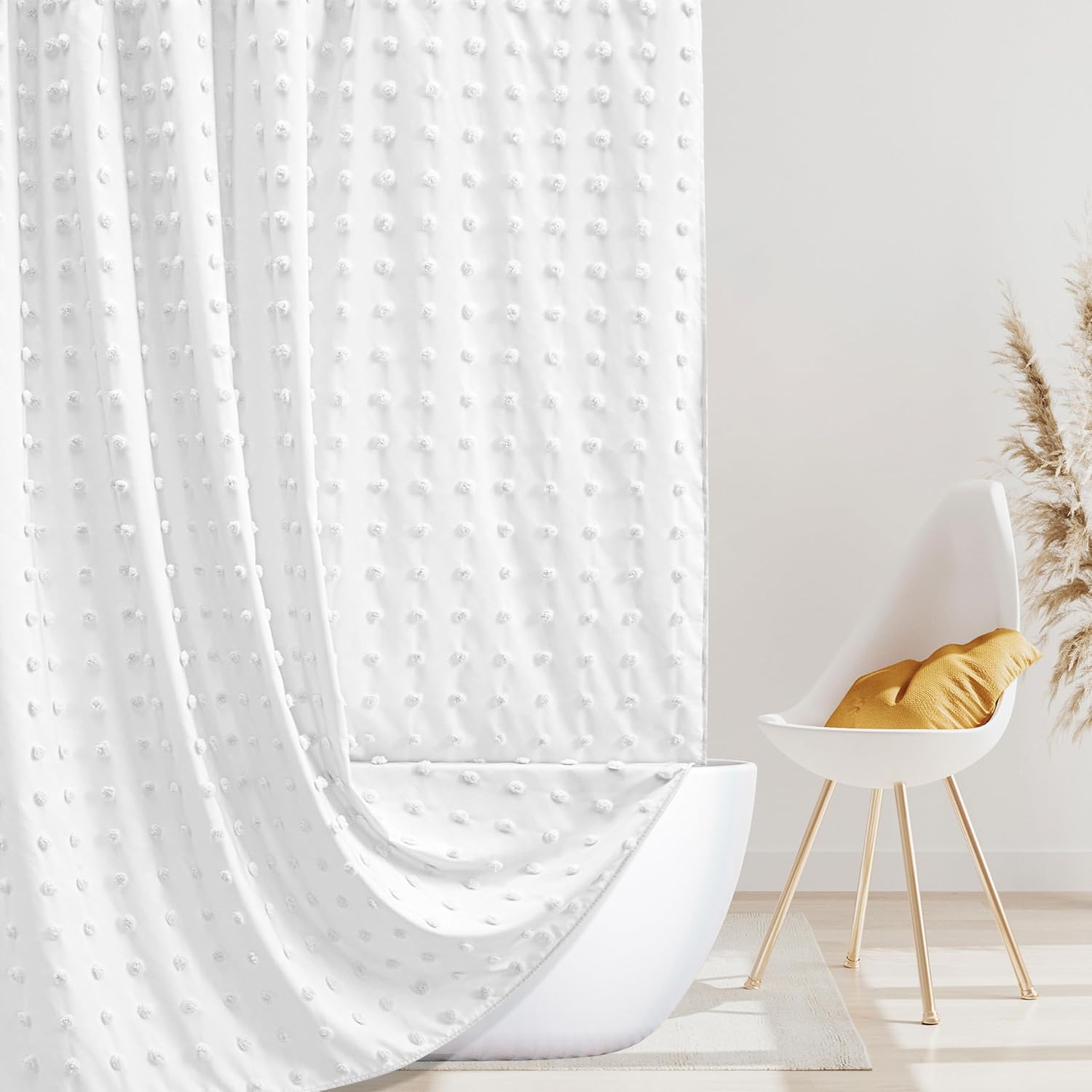 Boho Farmhouse White Shower Curtain, Special Woven Fabric Shower Curtain, Innova...