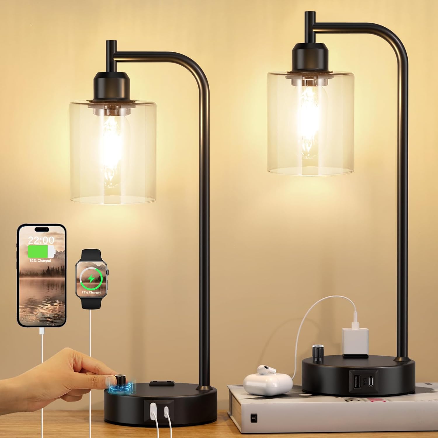 Industrial Nightstand Lamps for Bedrooms Set of 2 - Fully Dimmable Bedside Lamps...